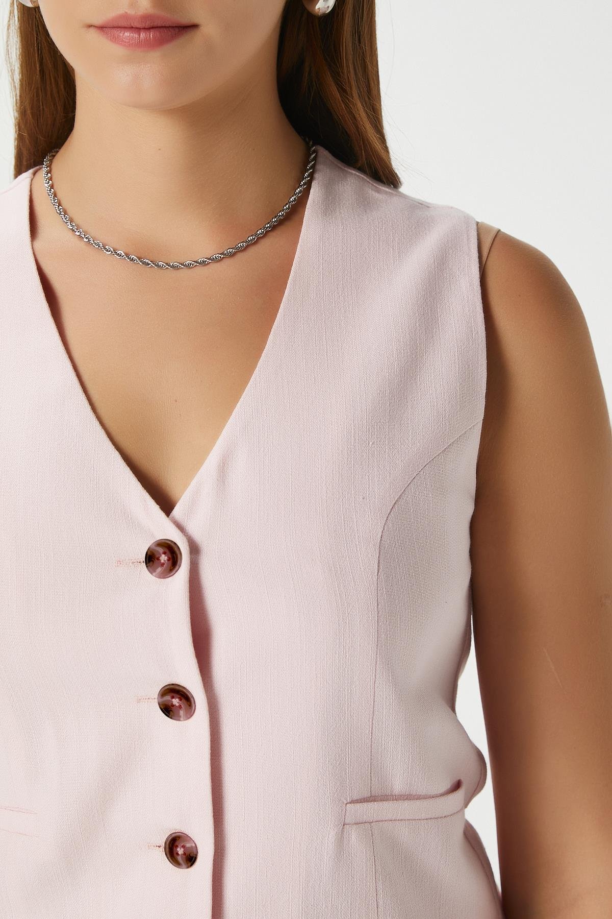 Kadın Hera Pamuk Astarlı Pembe Keten Yelek