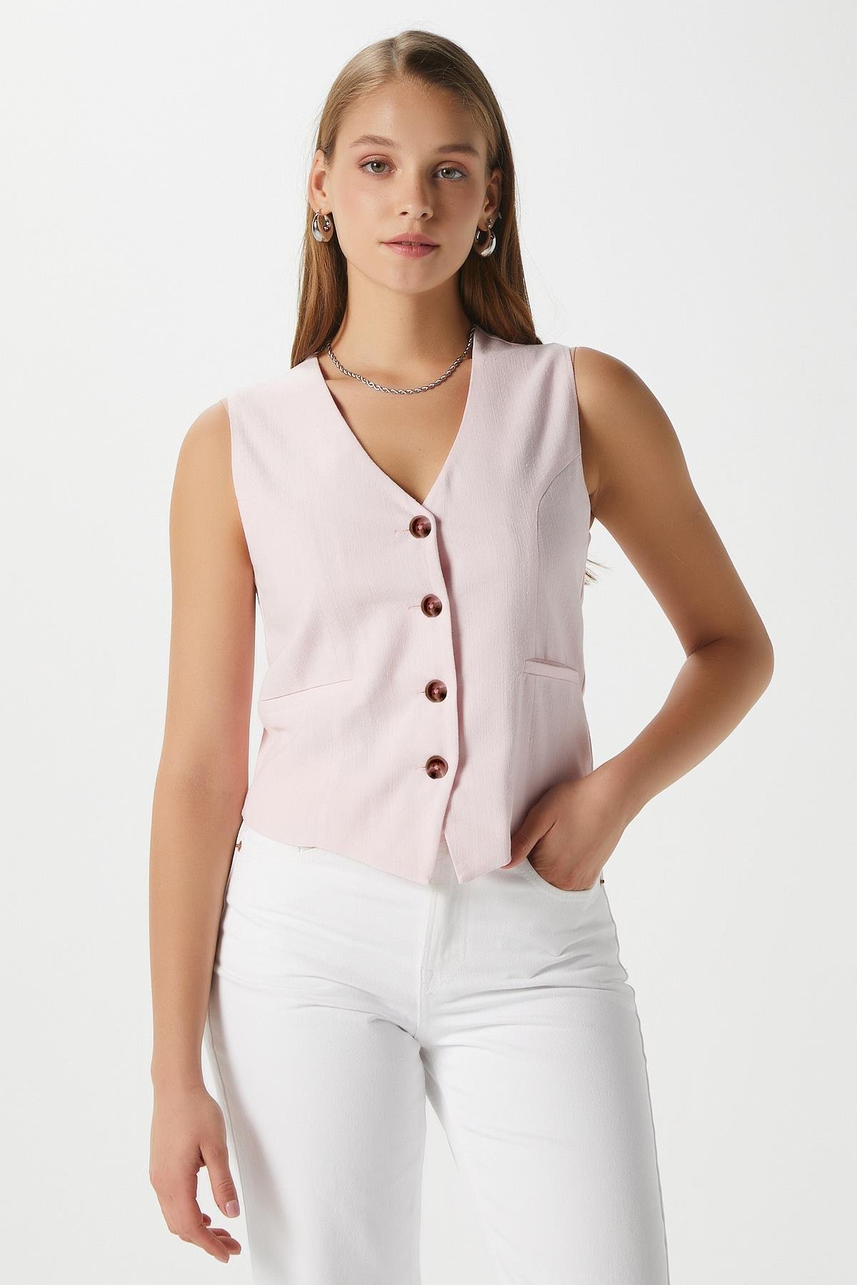 Kadın Hera Pamuk Astarlı Pembe Keten Yelek