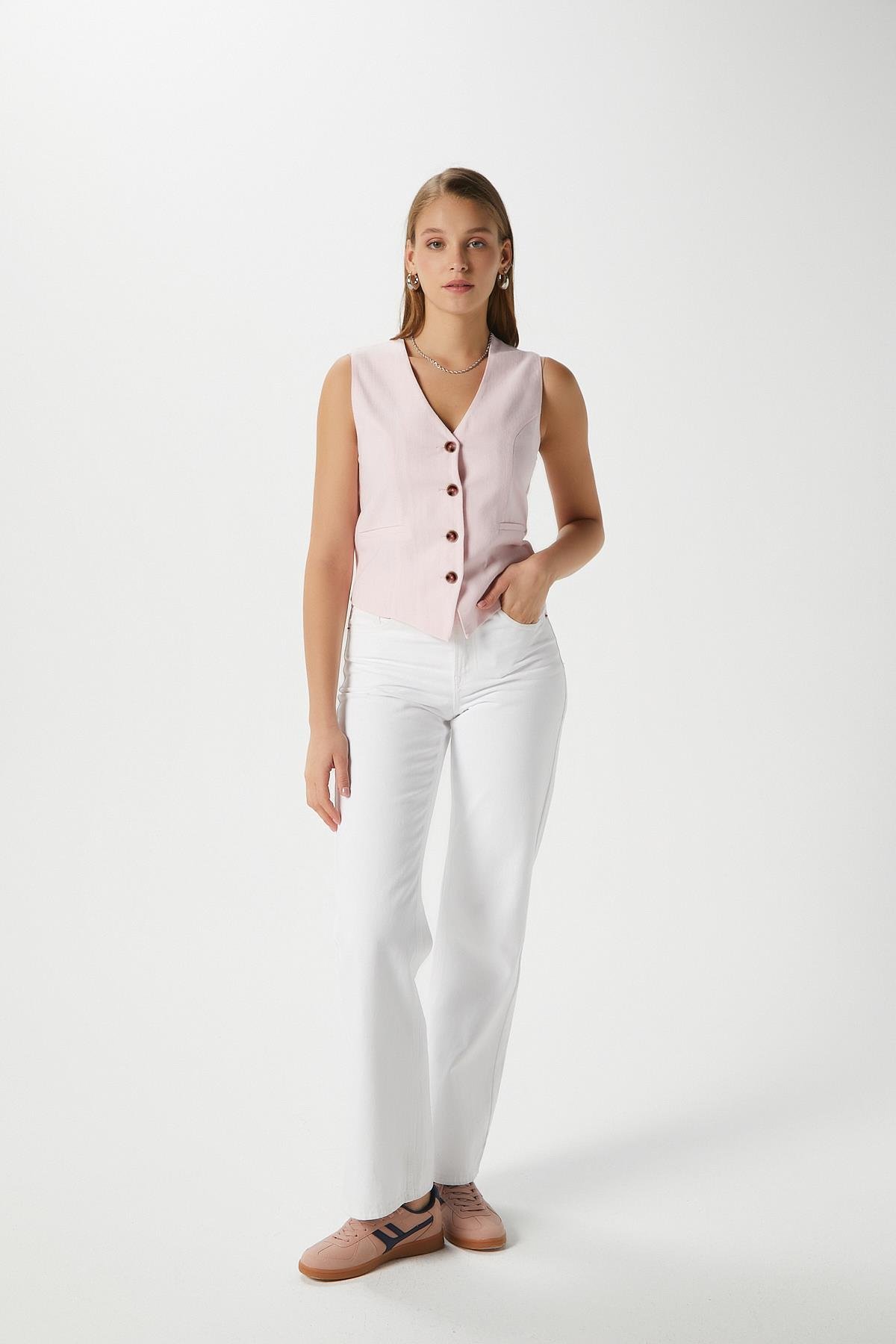 Kadın Hera Pamuk Astarlı Pembe Keten Yelek