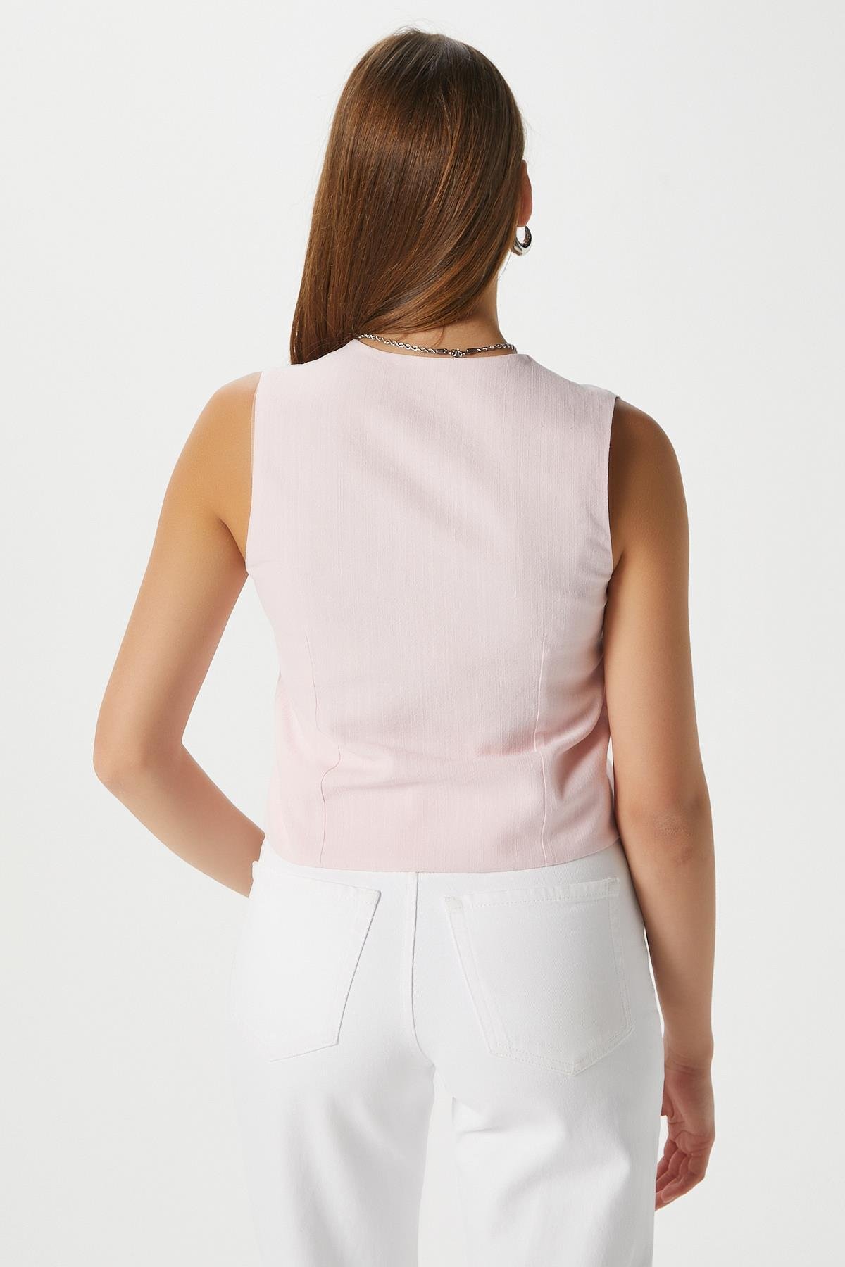 Kadın Hera Pamuk Astarlı Pembe Keten Yelek