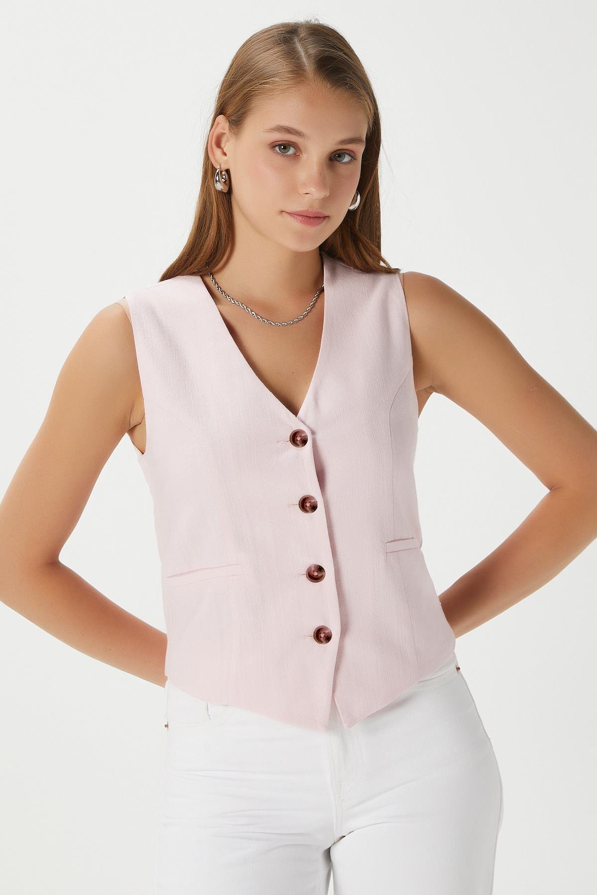 Kadın Hera Pamuk Astarlı Pembe Keten Yelek