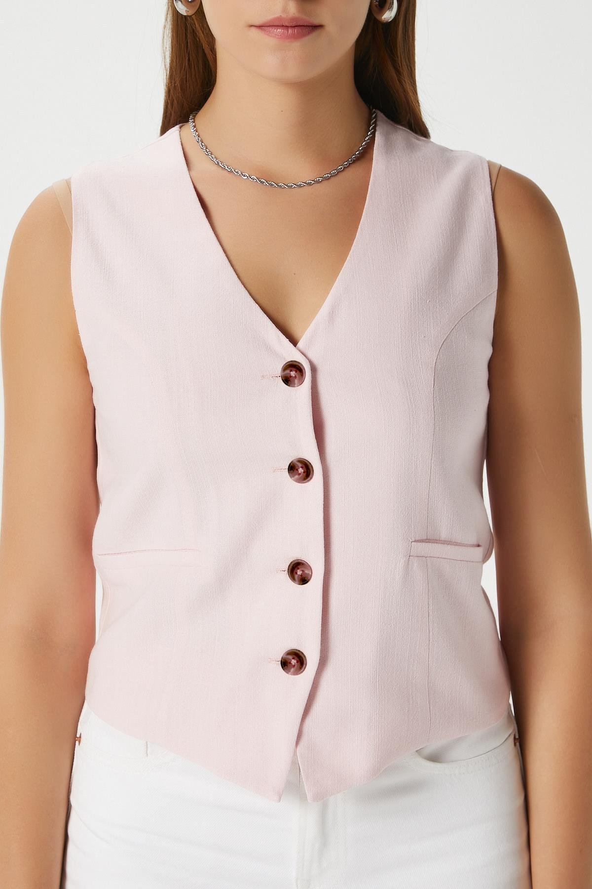 Kadın Hera Pamuk Astarlı Pembe Keten Yelek