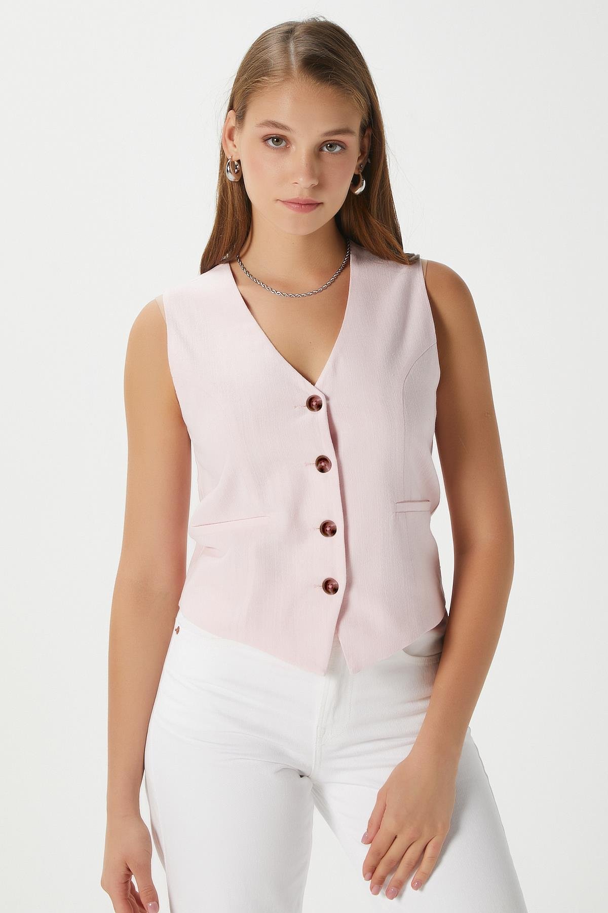 Kadın Hera Pamuk Astarlı Pembe Keten Yelek