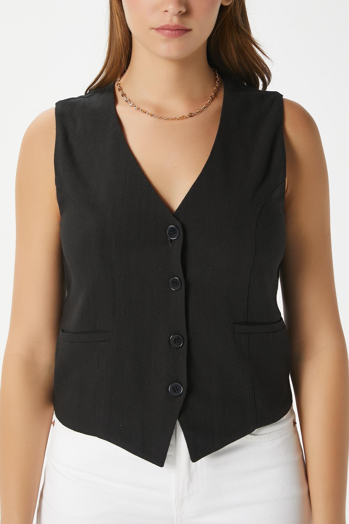 Kadın Hera Pamuk Astarlı Siyah Keten Yelek