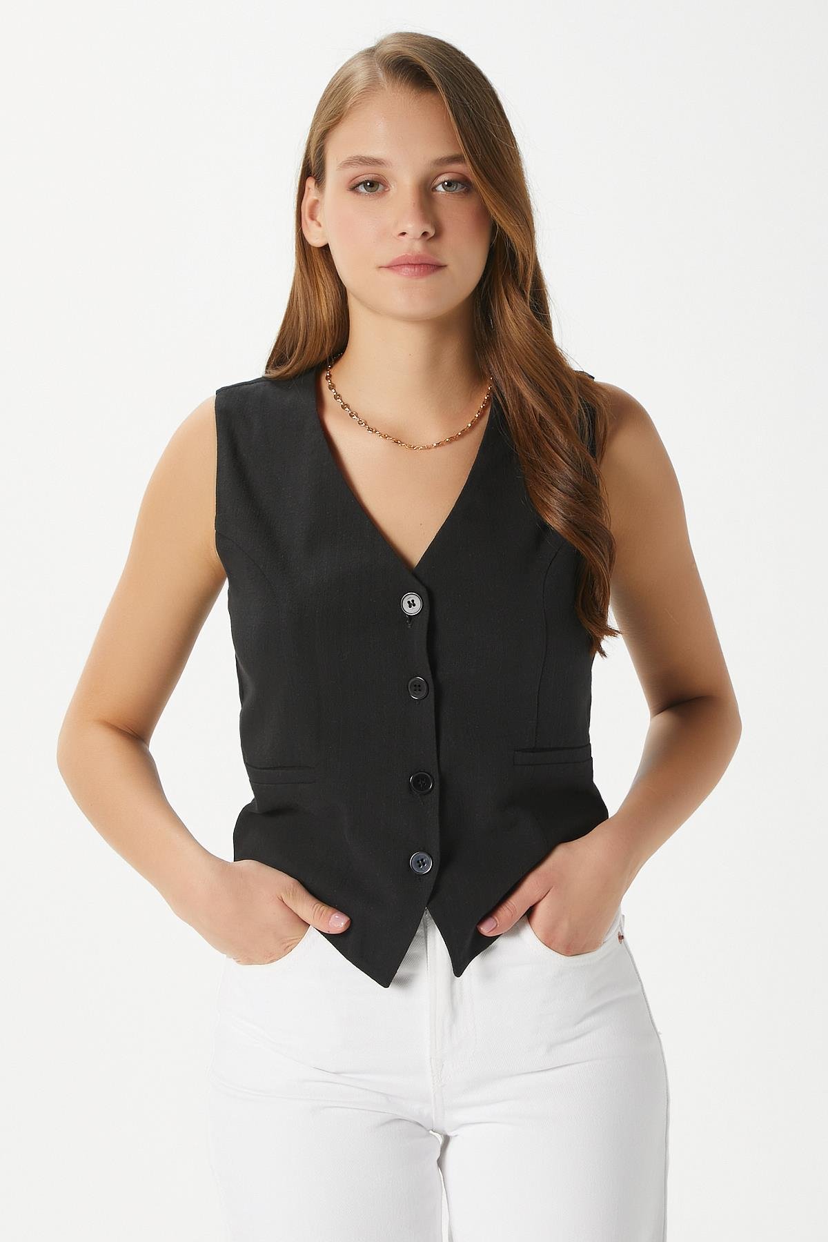 Kadın Hera Pamuk Astarlı Siyah Keten Yelek