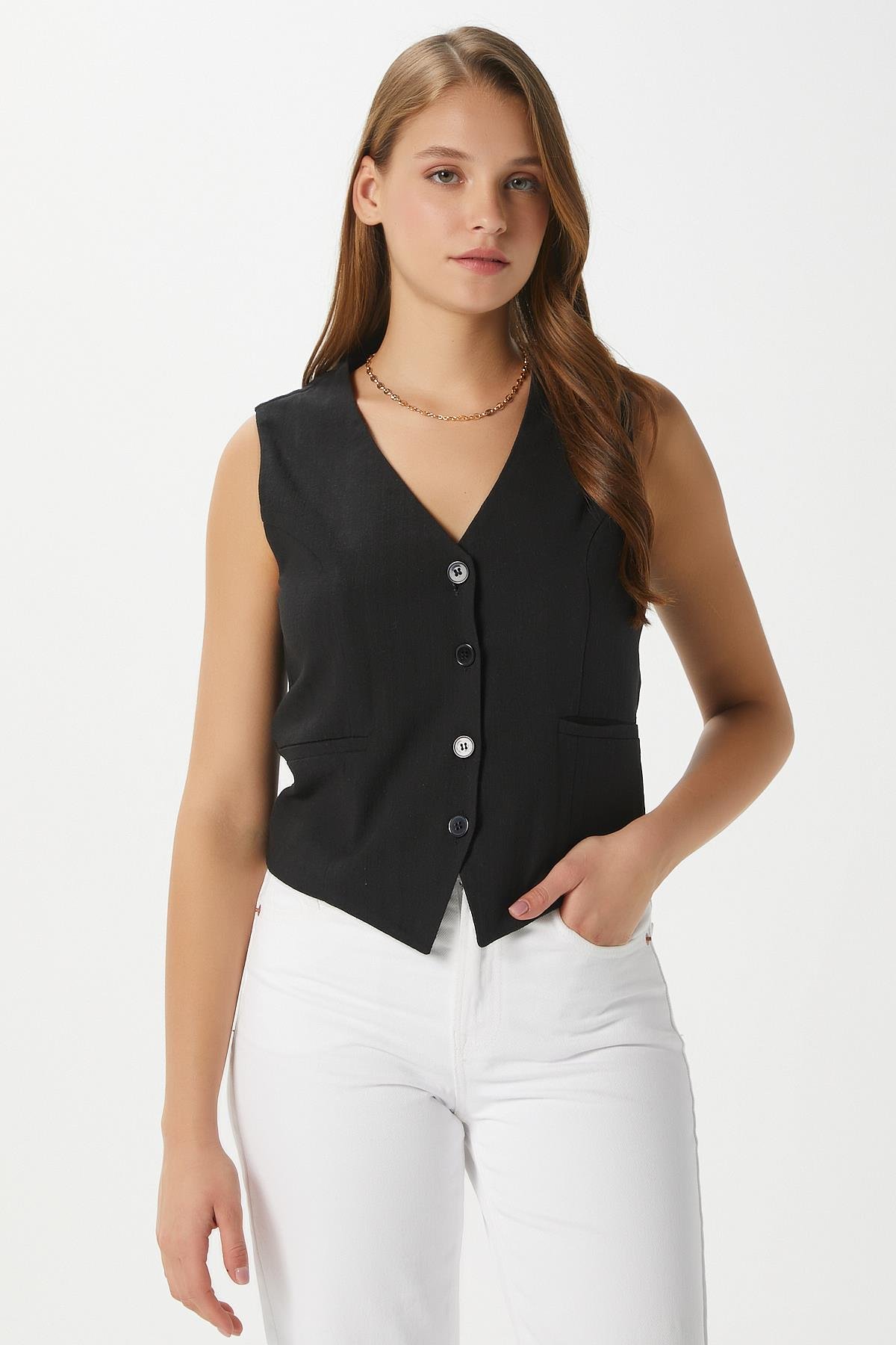 Kadın Hera Pamuk Astarlı Siyah Keten Yelek