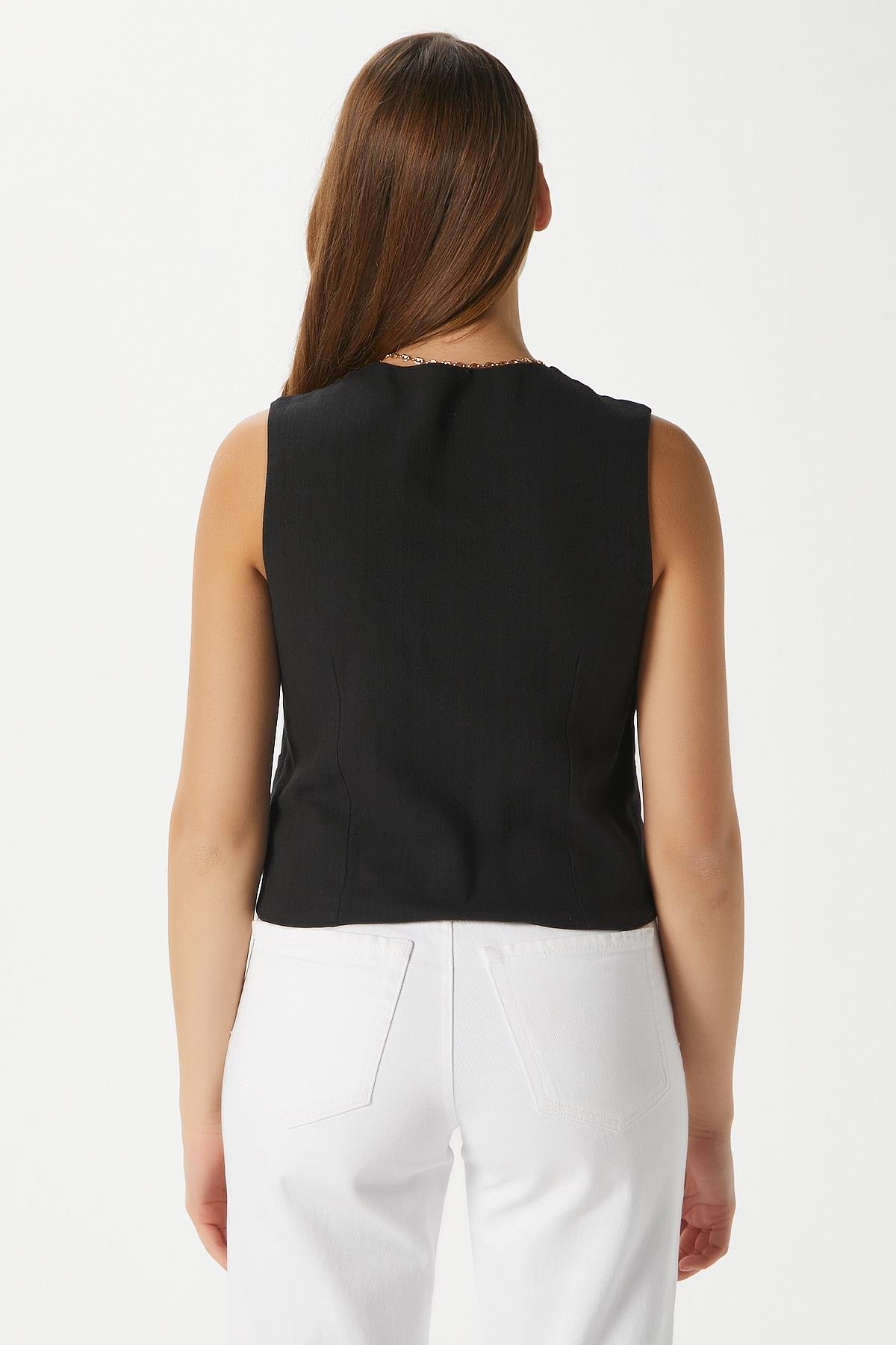 Kadın Hera Pamuk Astarlı Siyah Keten Yelek