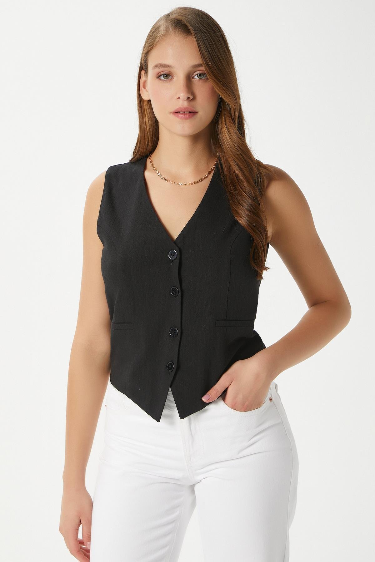 Kadın Hera Pamuk Astarlı Siyah Keten Yelek