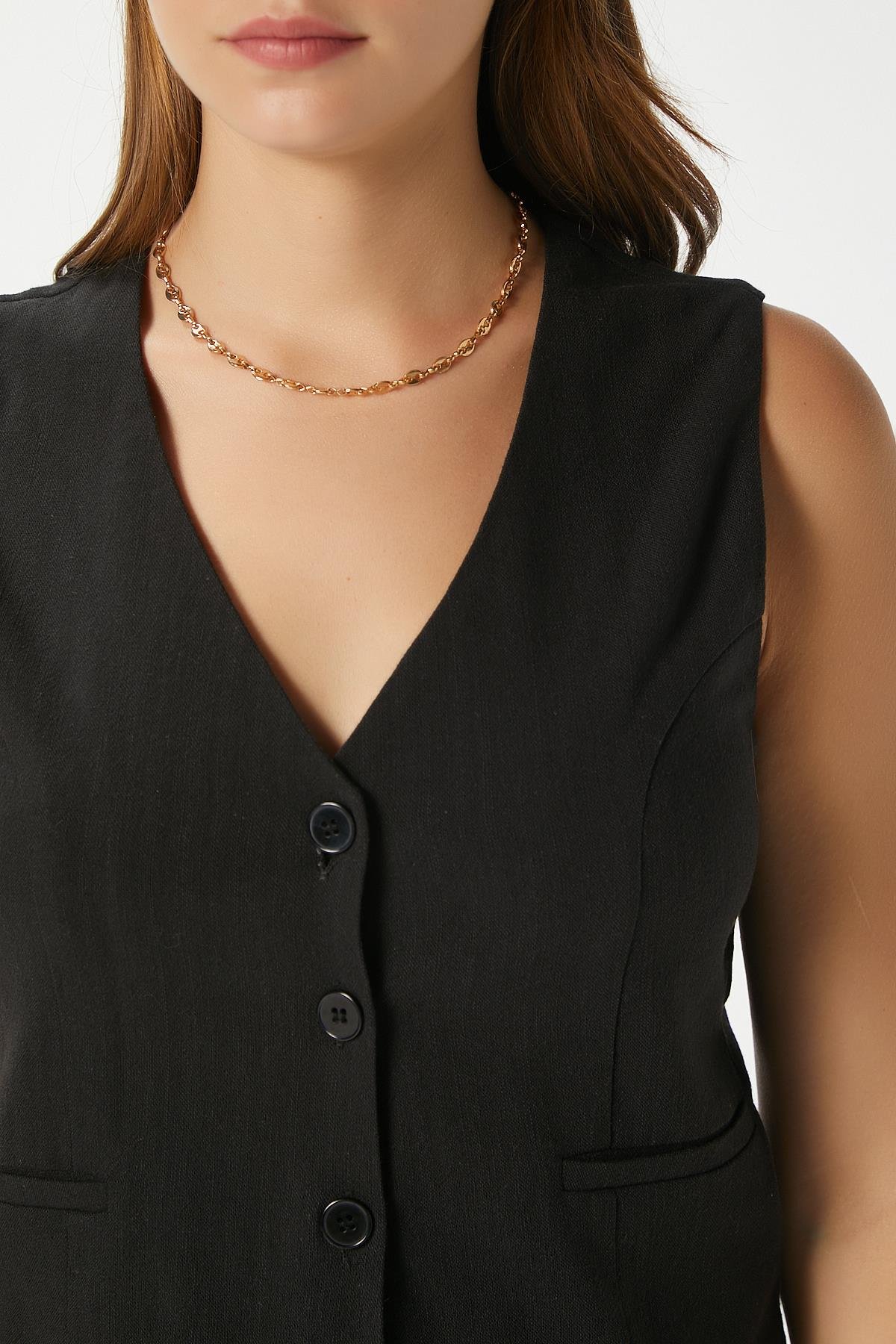 Kadın Hera Pamuk Astarlı Siyah Keten Yelek