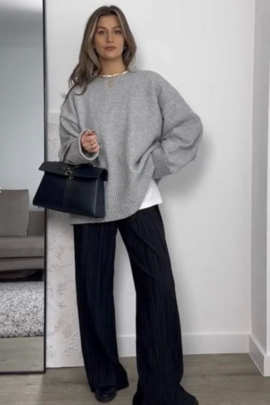 Kadın Homy Yumuşacık Bisiklet Yaka Gri Oversize Triko Kazak