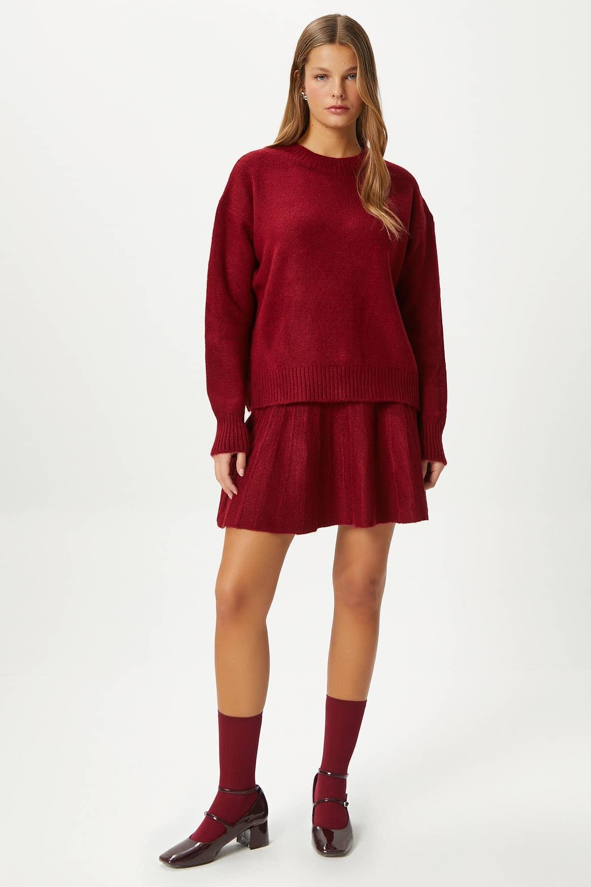 Kadın Hope Kazak Etek Alt Üst Bordo Triko Takım