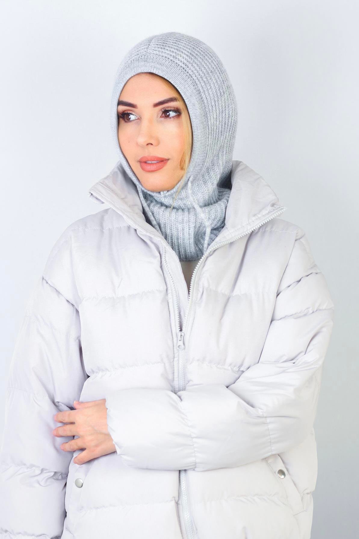 Kadın İpli Gri Balaclava Triko Bere / Başlık