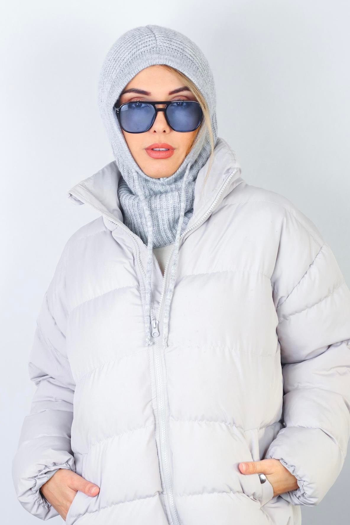 Kadın İpli Gri Balaclava Triko Bere / Başlık