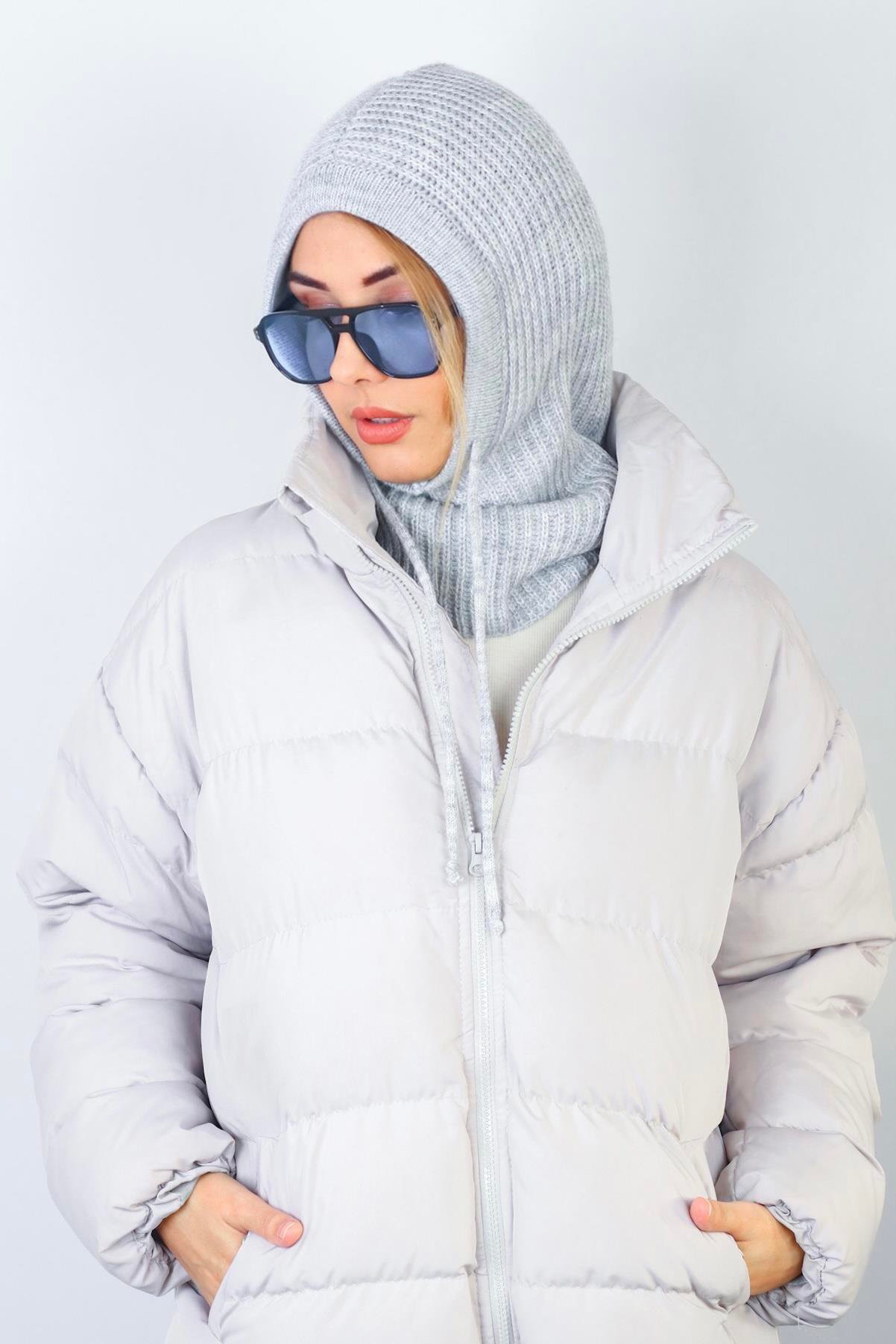 Kadın İpli Gri Balaclava Triko Bere / Başlık
