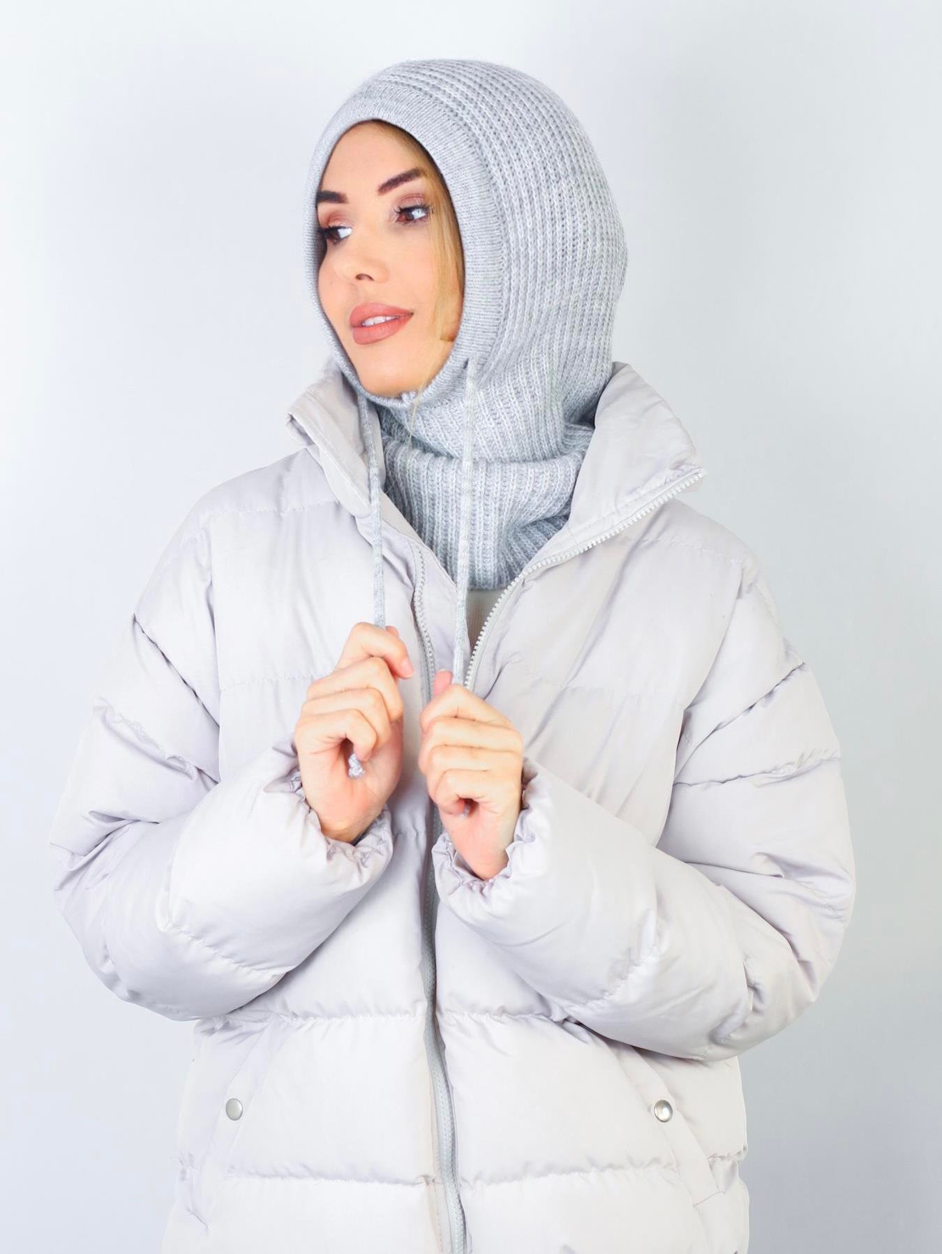 Kadın İpli Gri Balaclava Triko Bere / Başlık