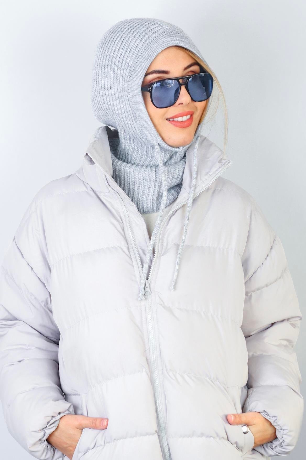 Kadın İpli Gri Balaclava Triko Bere / Başlık