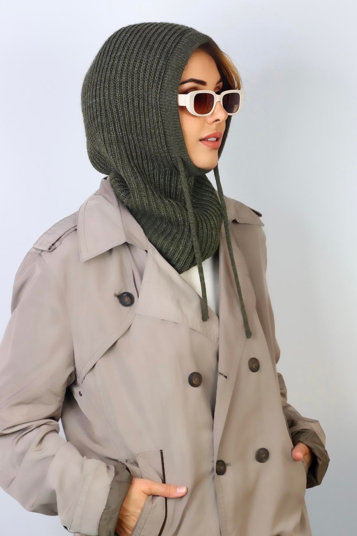 Kadın İpli Haki Balaclava Triko Bere / Başlık