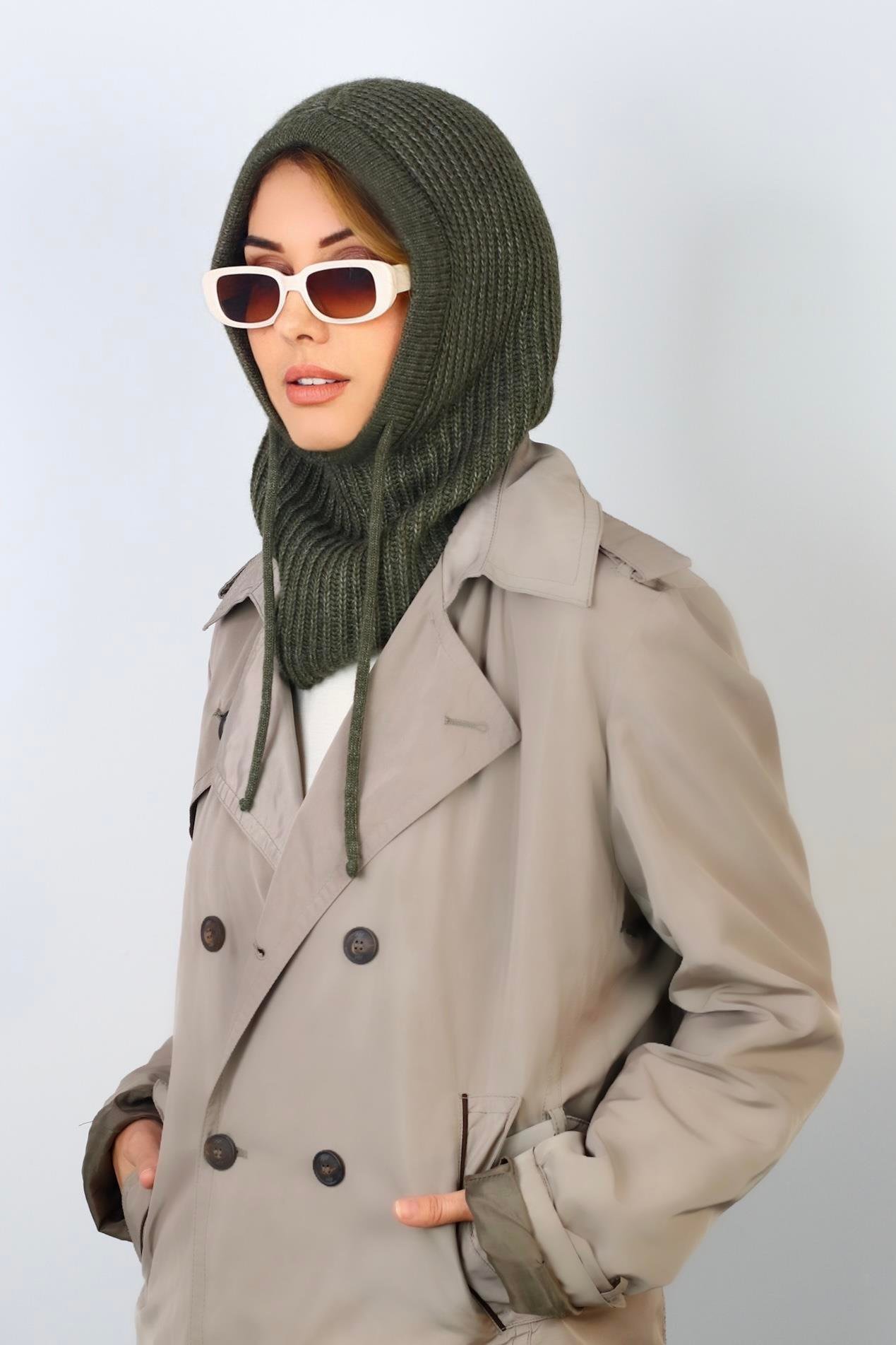 Kadın İpli Haki Balaclava Triko Bere / Başlık