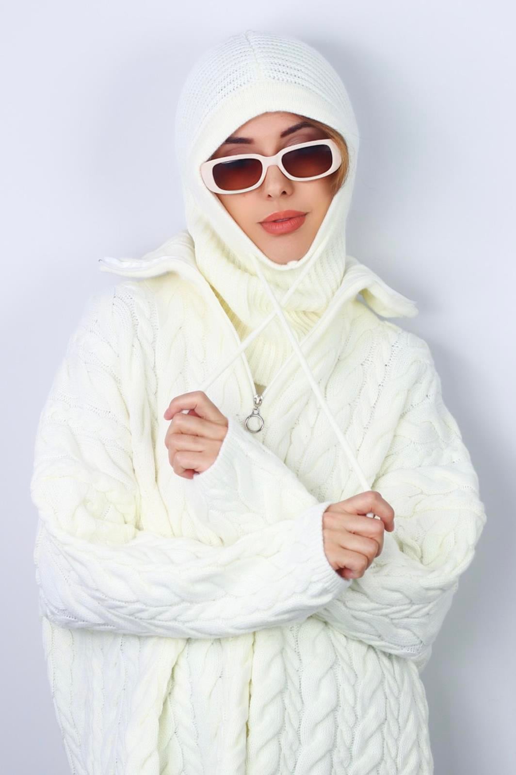 Kadın İpli Krem Balaclava Triko Bere / Başlık