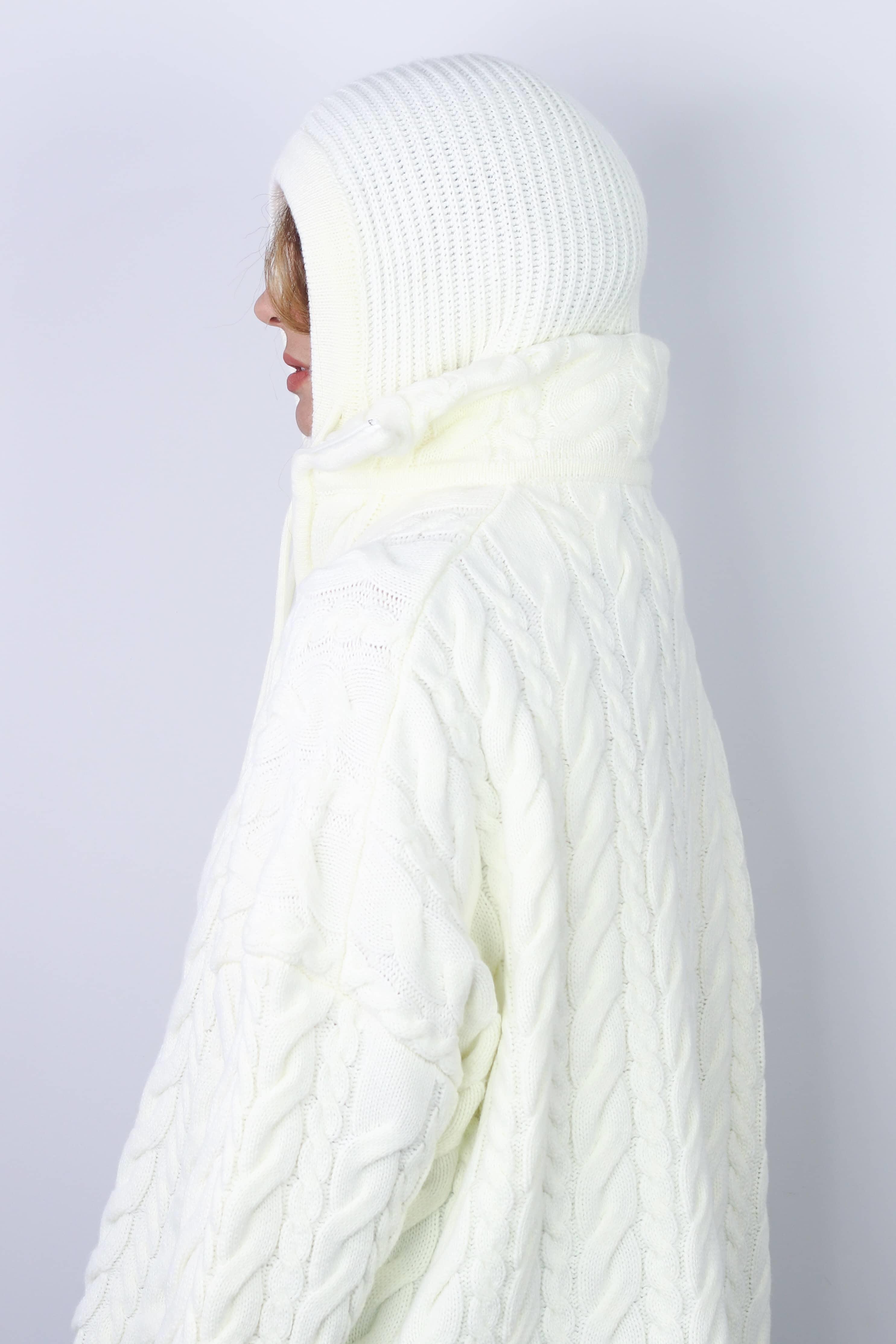 Kadın İpli Krem Balaclava Triko Bere / Başlık