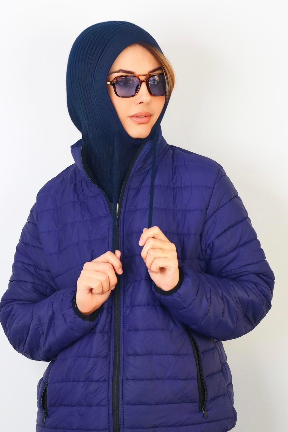 Kadın İpli Lacivert Balaclava Triko Bere / Başlık