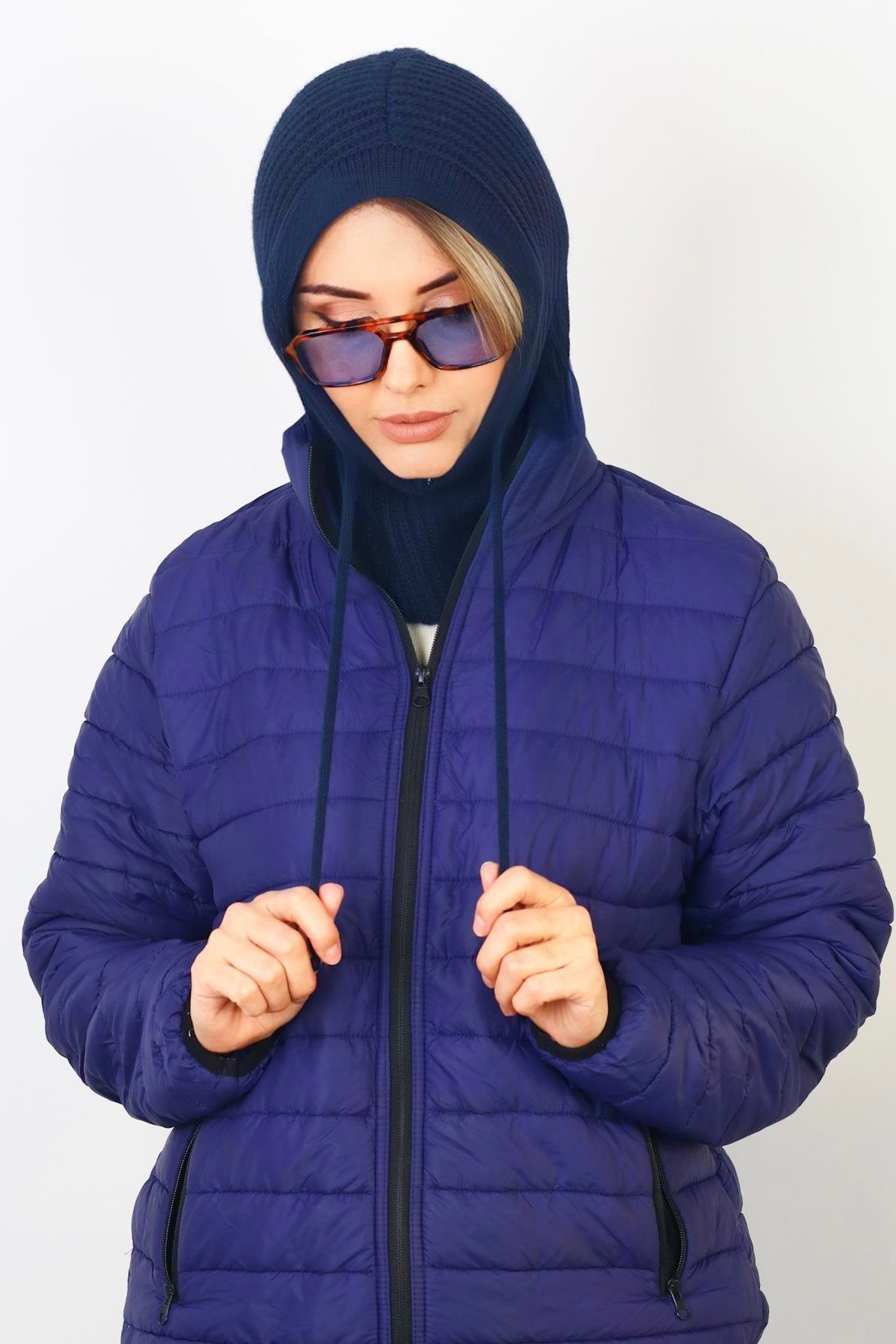Kadın İpli Lacivert Balaclava Triko Bere / Başlık