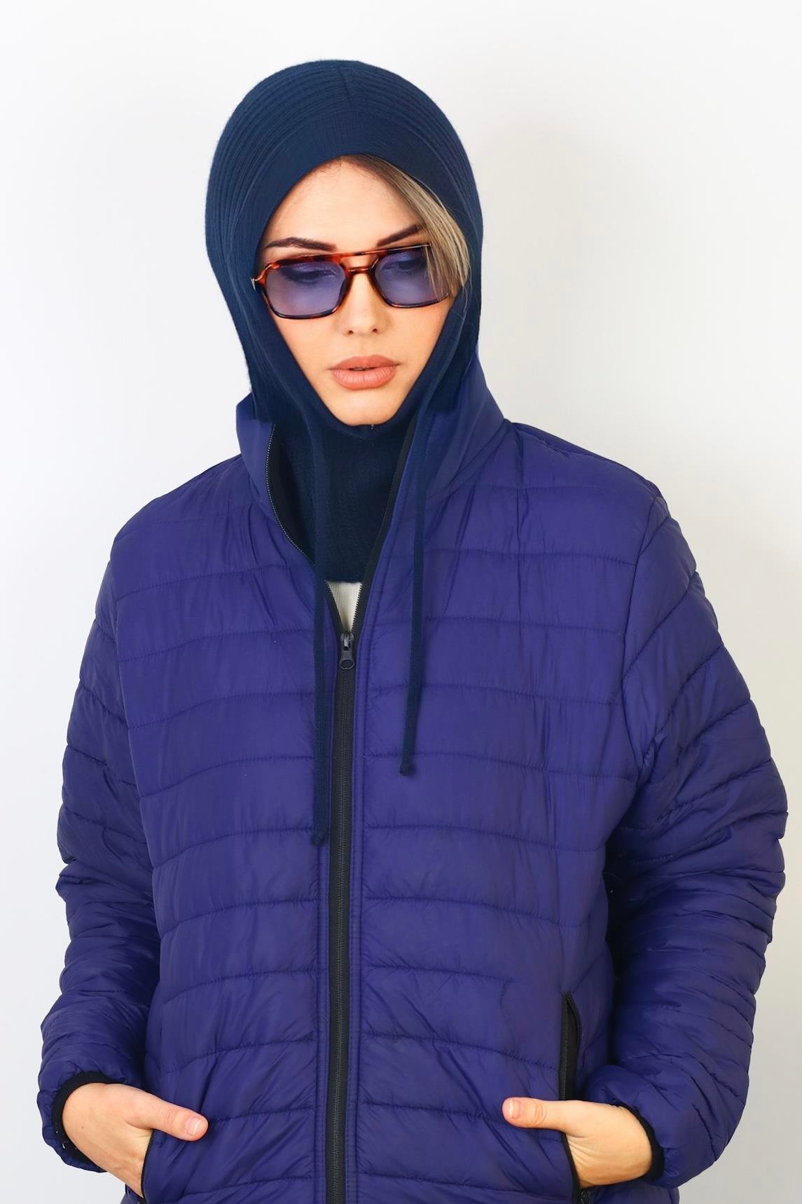 Kadın İpli Lacivert Balaclava Triko Bere / Başlık