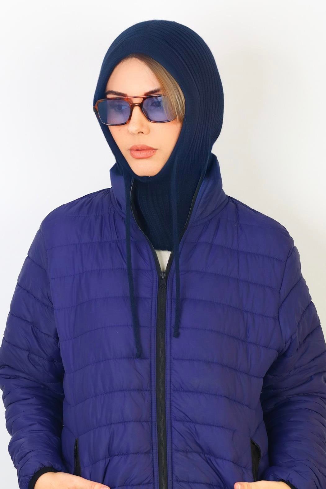 Kadın İpli Lacivert Balaclava Triko Bere / Başlık