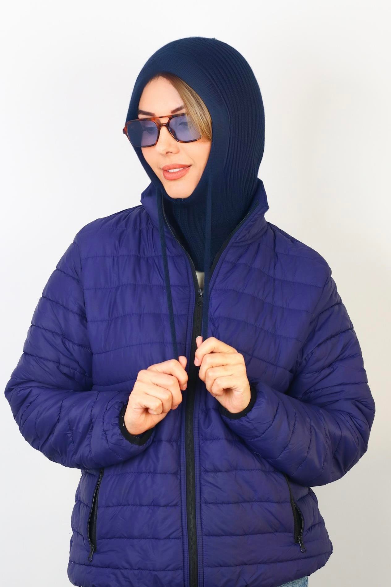 Kadın İpli Lacivert Balaclava Triko Bere / Başlık