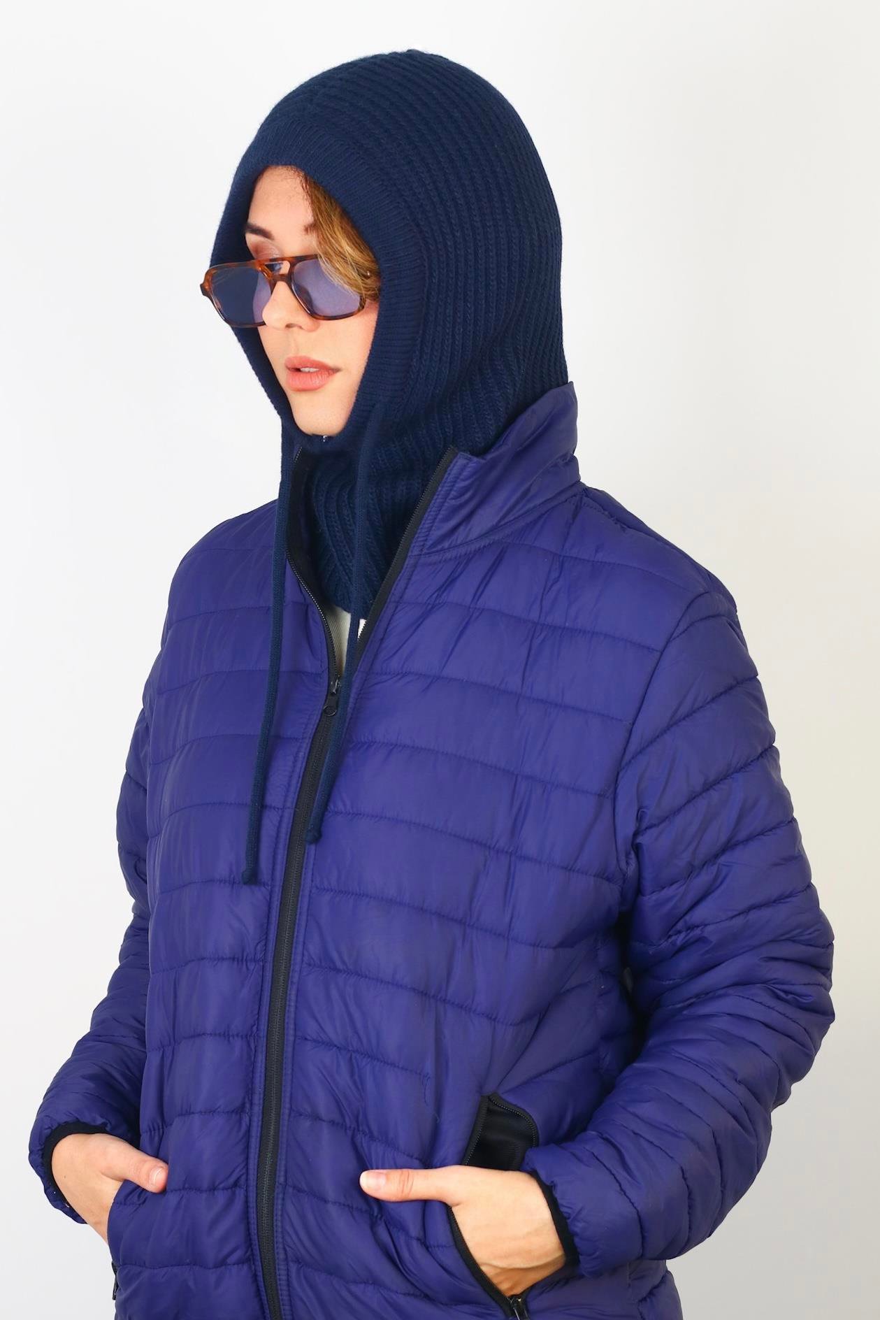 Kadın İpli Lacivert Balaclava Triko Bere / Başlık