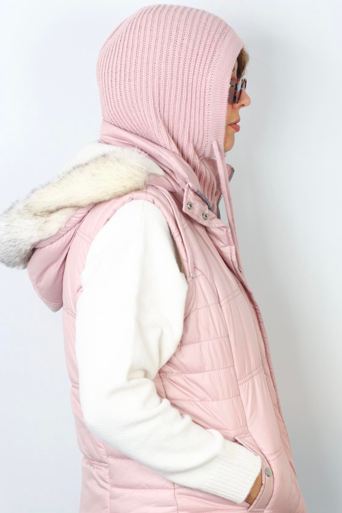 Kadın İpli Pembe Balaclava Triko Bere / Başlık