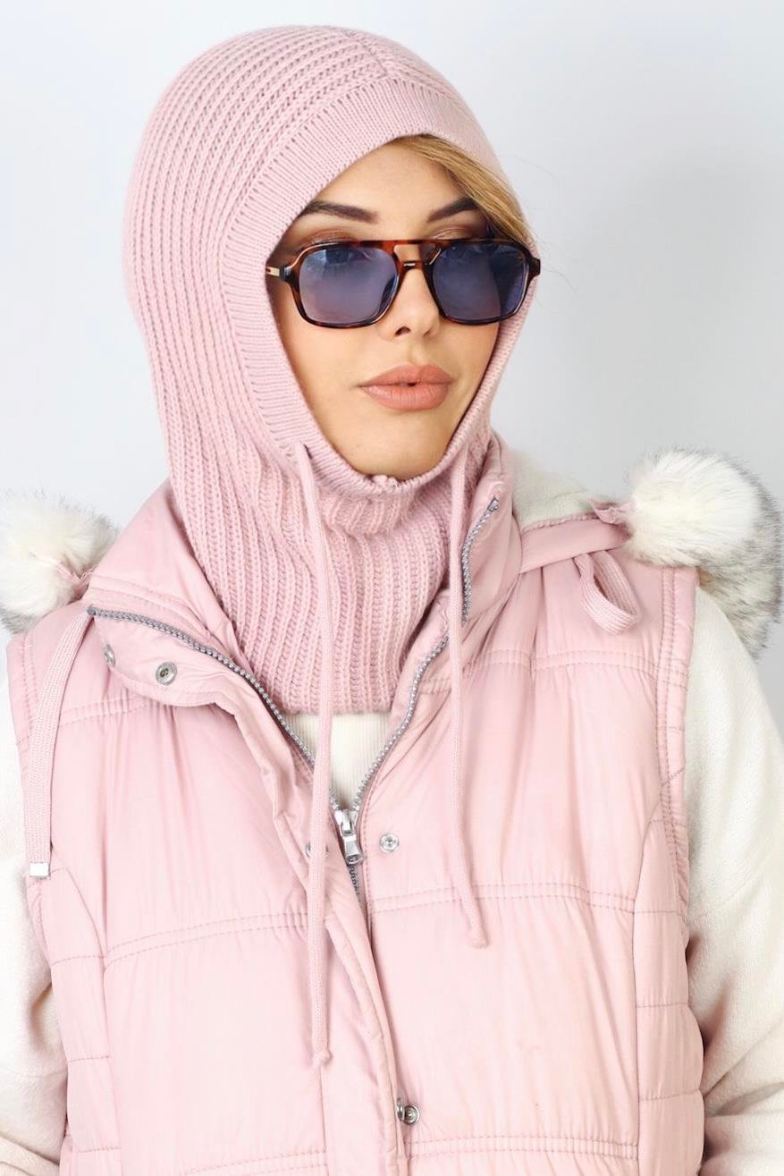 Kadın İpli Pembe Balaclava Triko Bere / Başlık