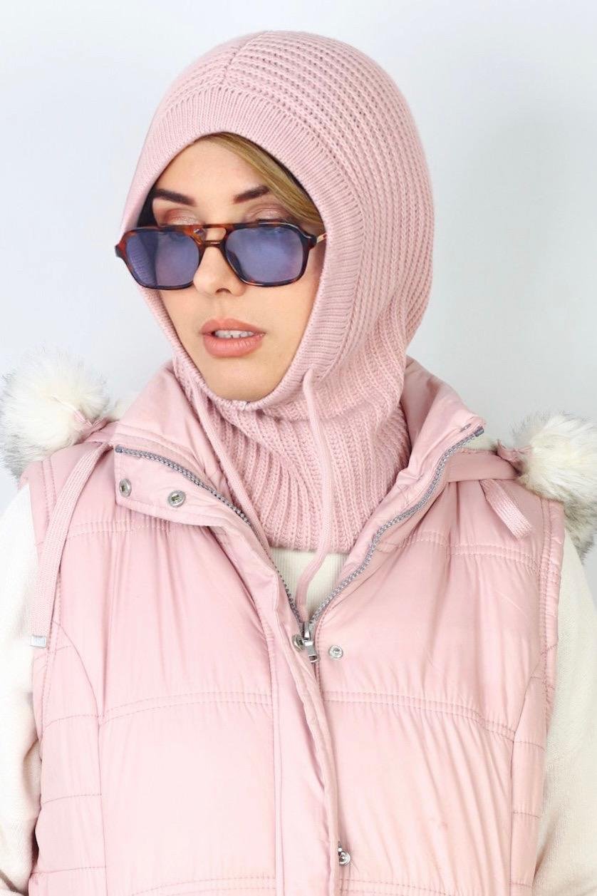 Kadın İpli Pembe Balaclava Triko Bere / Başlık