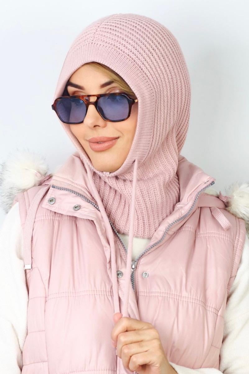 Kadın İpli Pembe Balaclava Triko Bere / Başlık