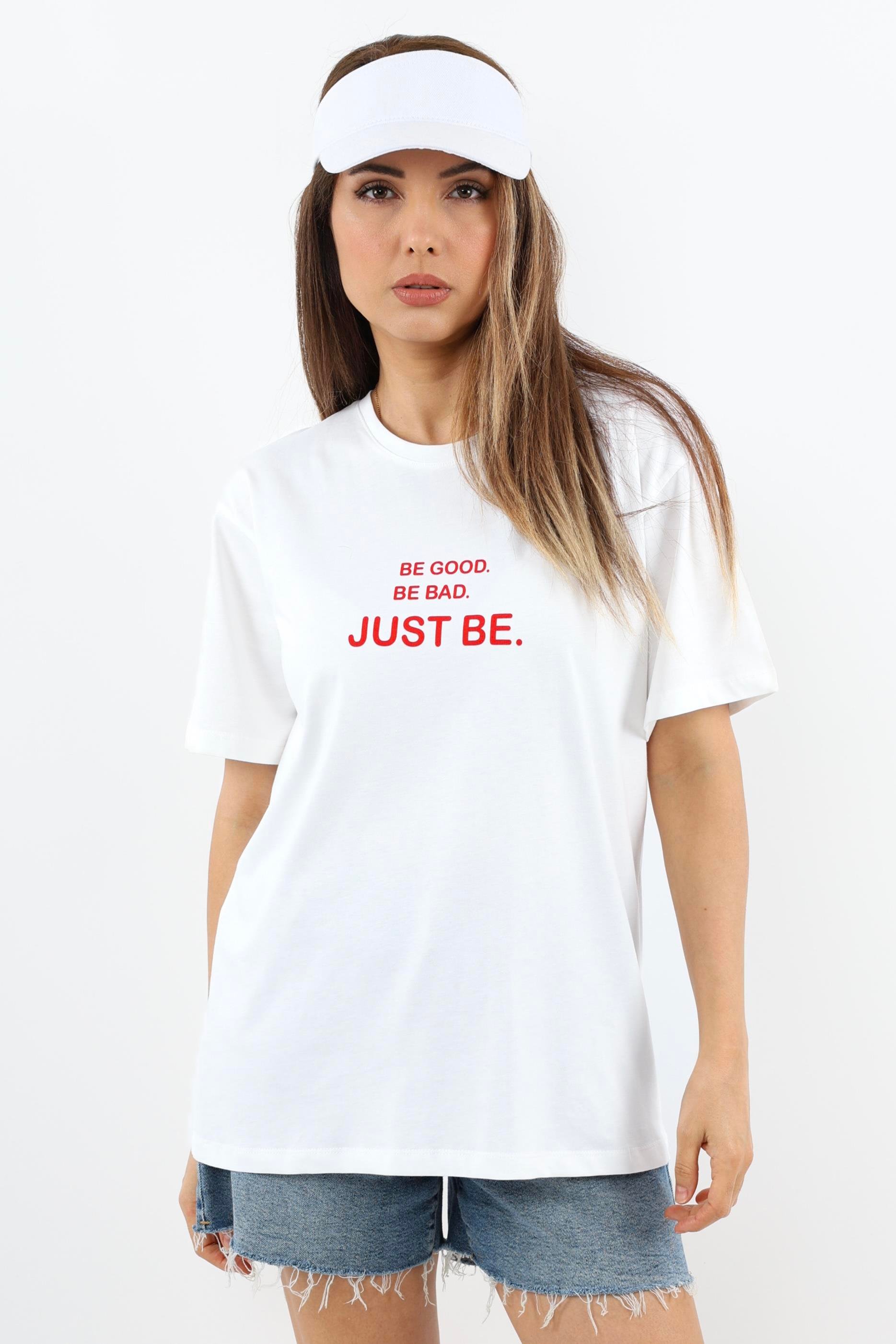 Kadın Just Be Geniş Kesim %100 Pamuk Beyaz T-Shirt