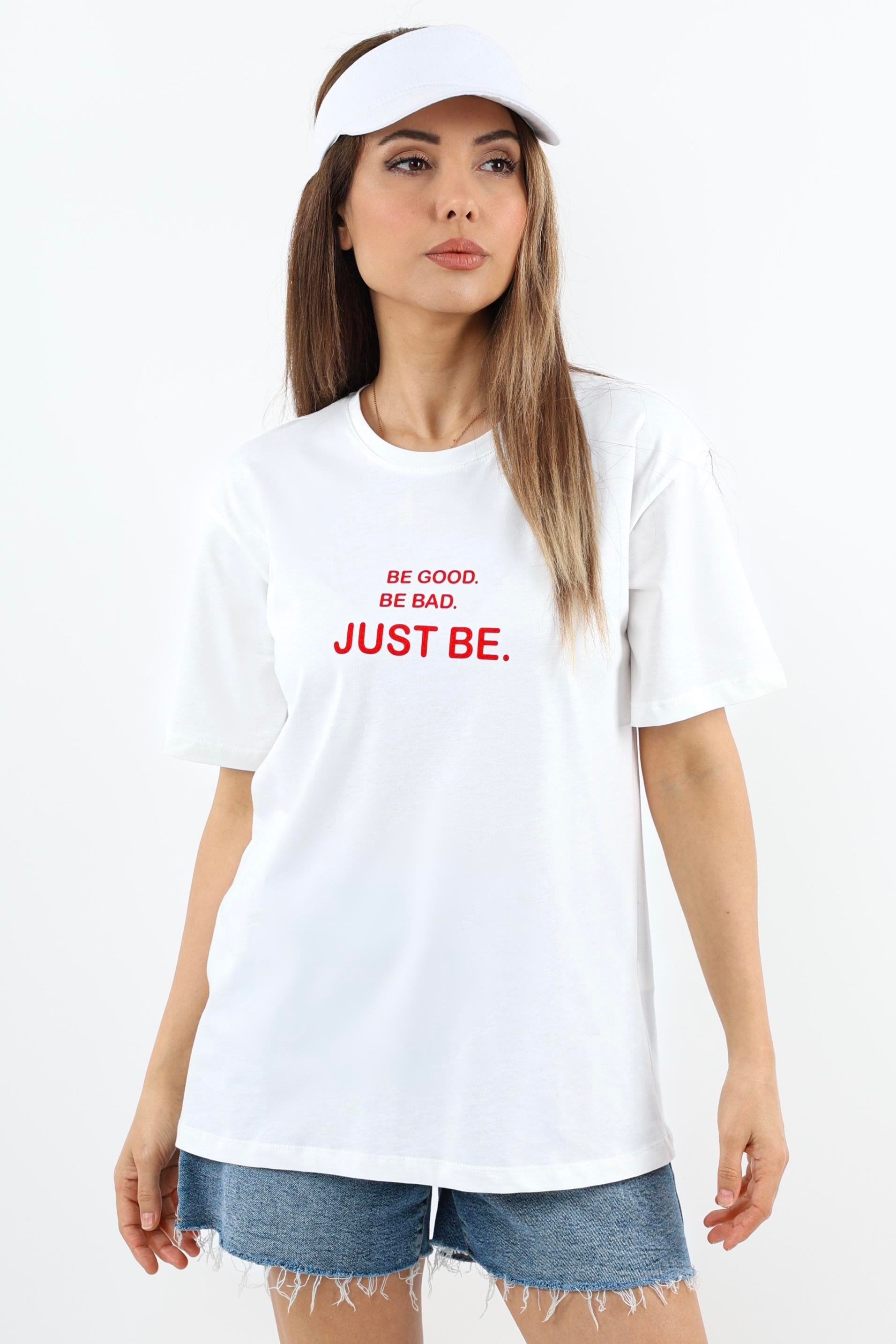 Kadın Just Be Geniş Kesim %100 Pamuk Beyaz T-Shirt