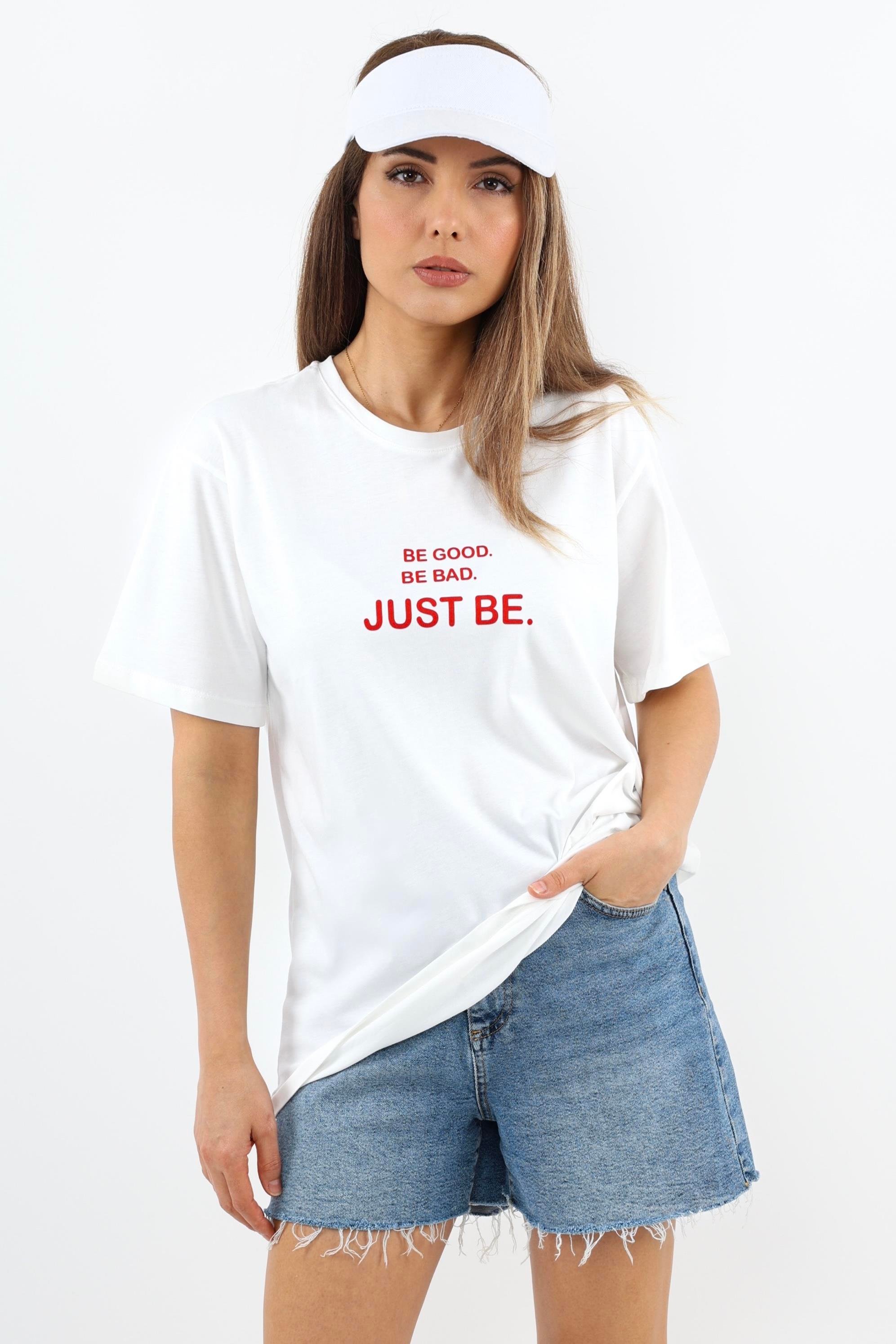 Kadın Just Be Geniş Kesim %100 Pamuk Beyaz T-Shirt