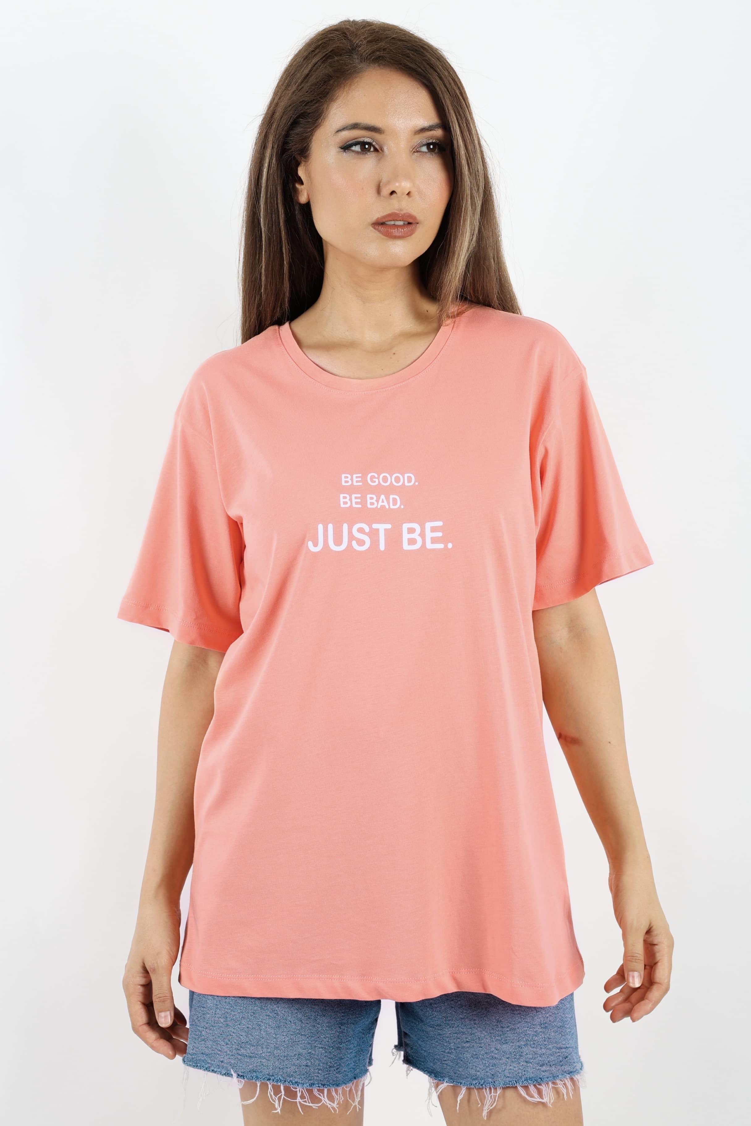 Kadın Just Be Geniş Kesim %100 Pamuk Somon T-Shirt