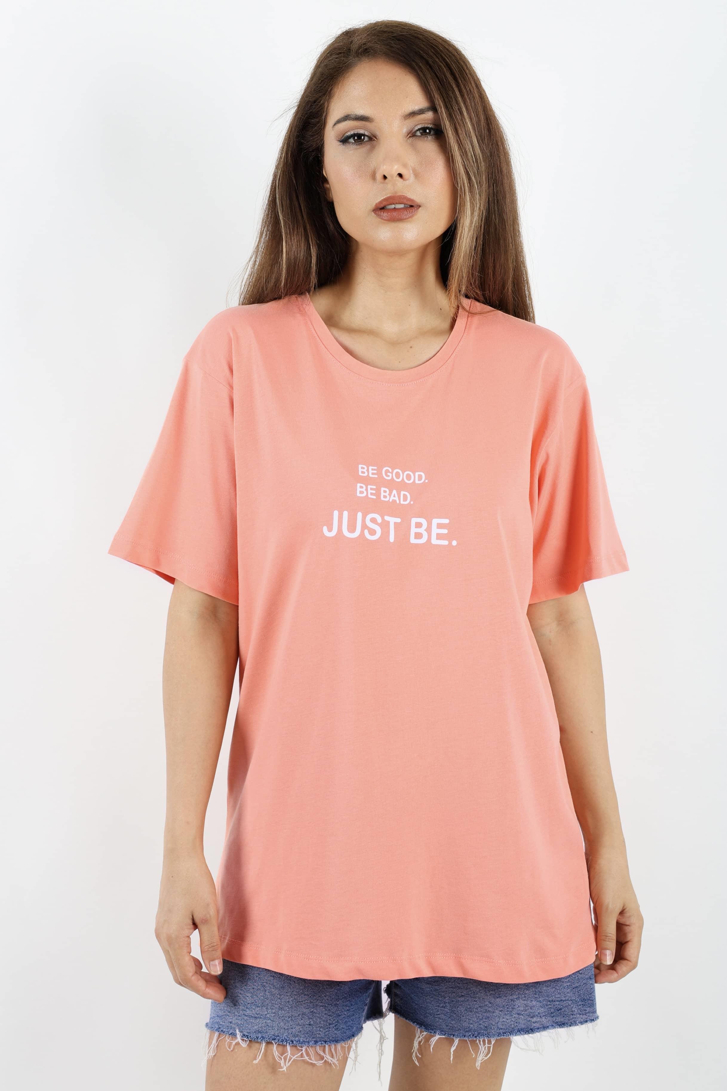 Kadın Just Be Geniş Kesim %100 Pamuk Somon T-Shirt