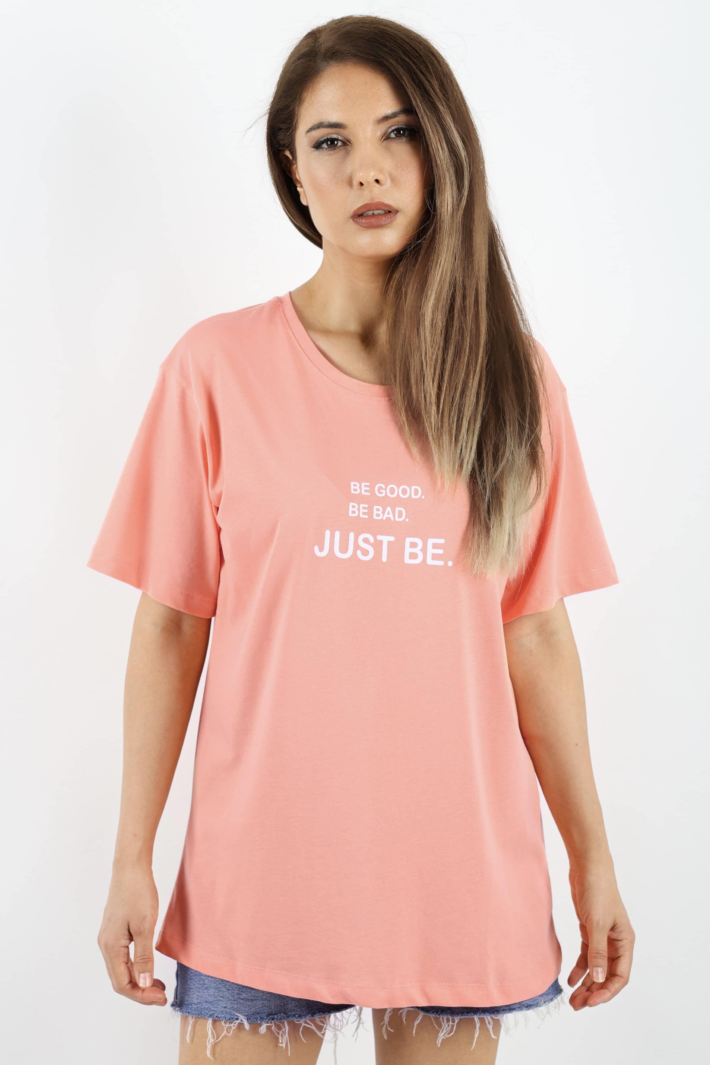 Kadın Just Be Geniş Kesim %100 Pamuk Somon T-Shirt