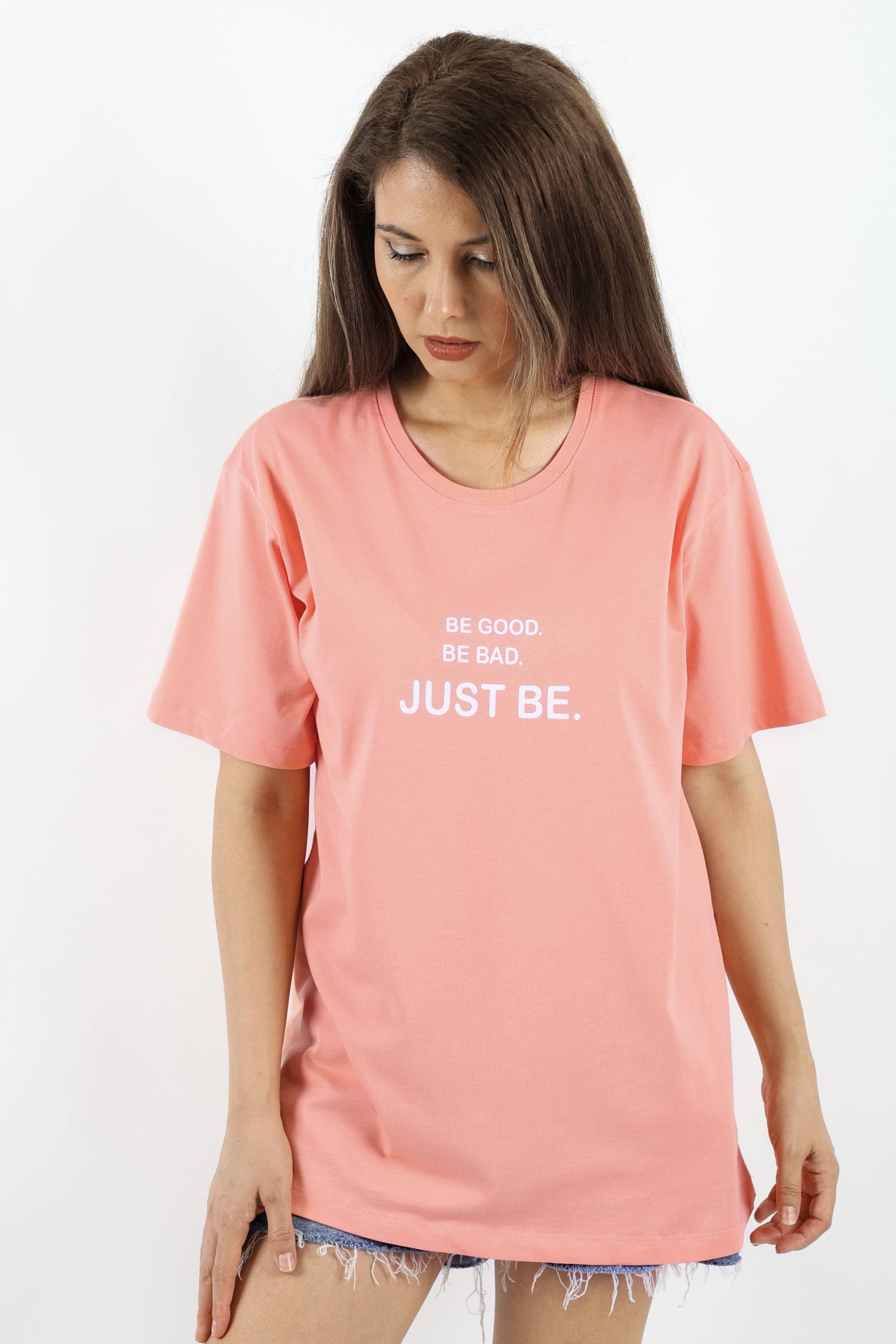Kadın Just Be Geniş Kesim %100 Pamuk Somon T-Shirt
