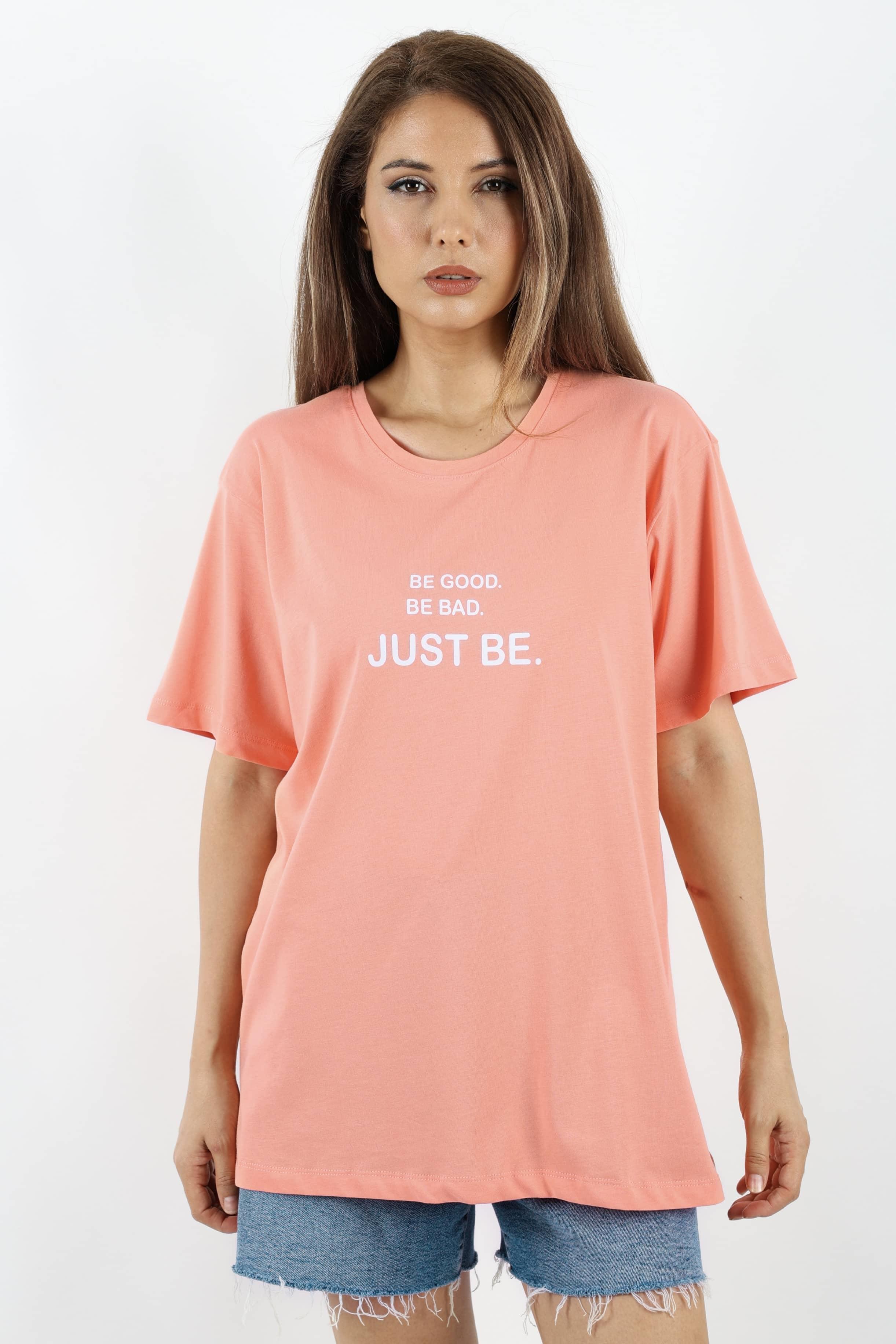 Kadın Just Be Geniş Kesim %100 Pamuk Somon T-Shirt
