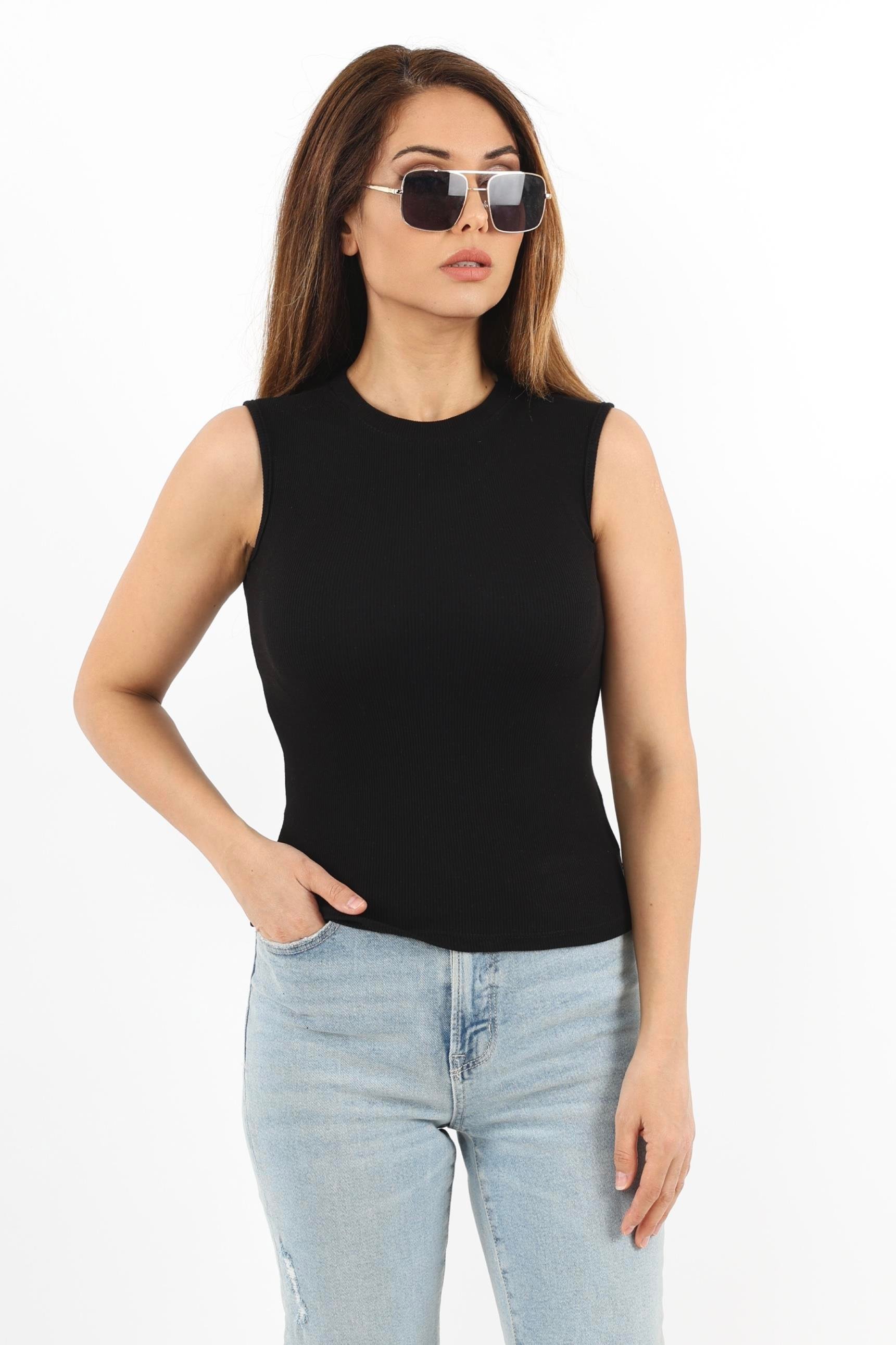 Kadın Kapalı Yaka 2’li Pamuk Siyah Beyaz Düz Kol Fitilli Atlet