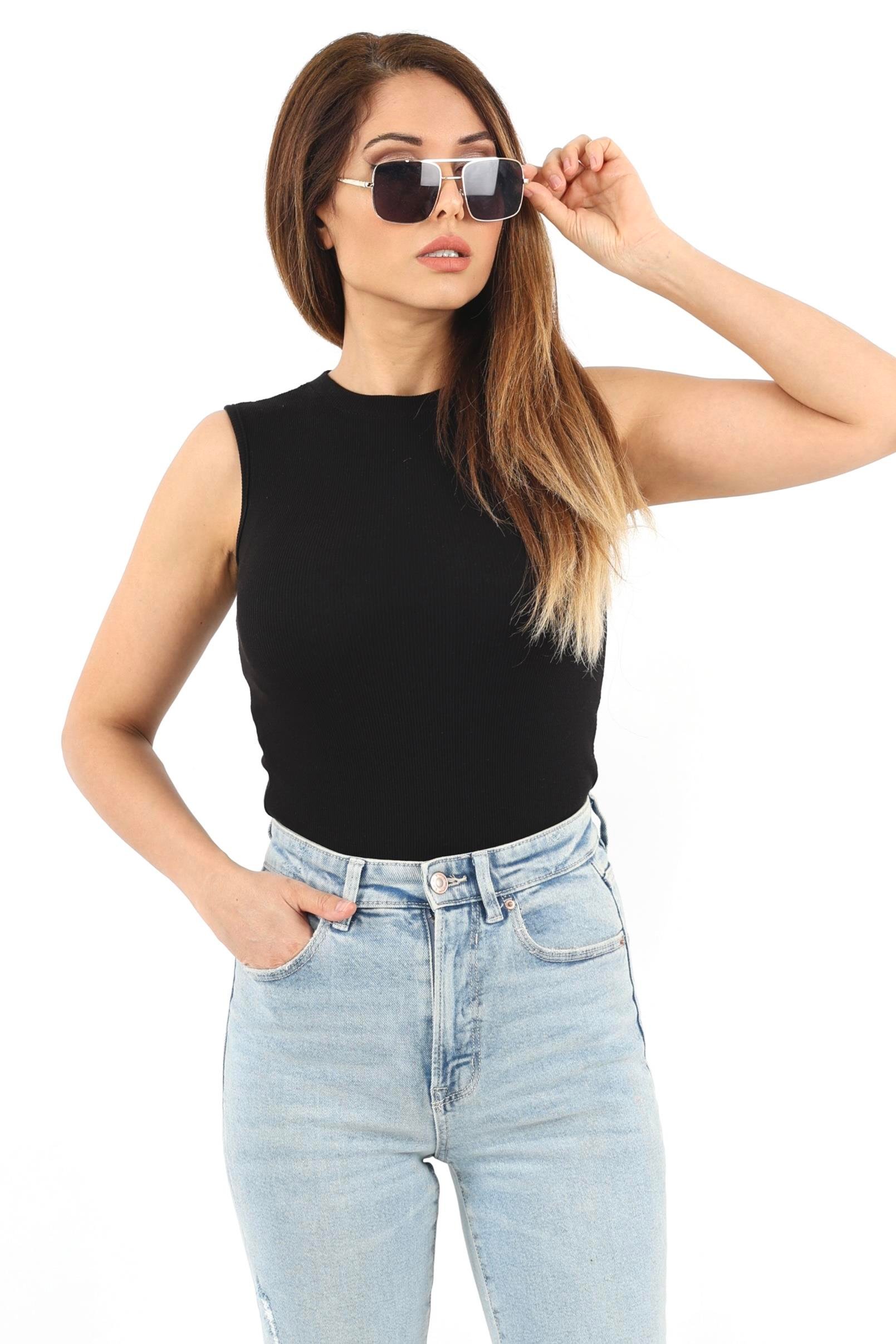 Kadın Kapalı Yaka 2’li Pamuk Siyah Beyaz Düz Kol Fitilli Atlet