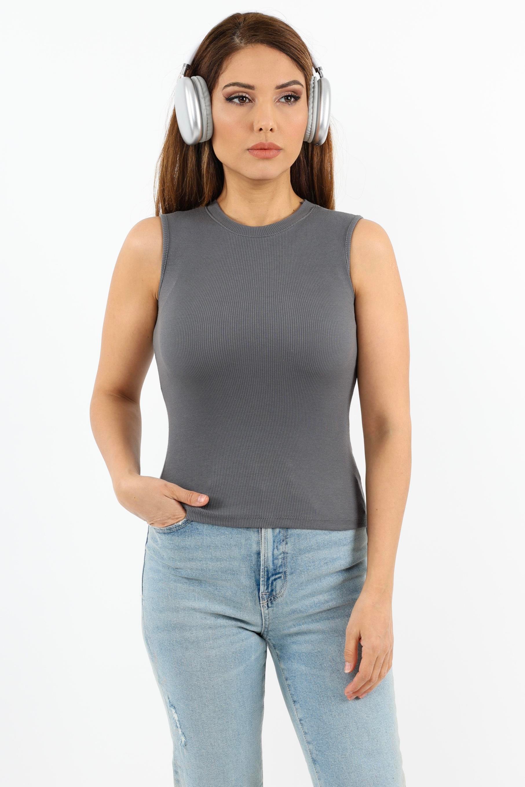 Kadın Kapalı Yaka 3’lü Pamuk Lila, Antrasit, Sarı Düz Kol Fitilli Atlet