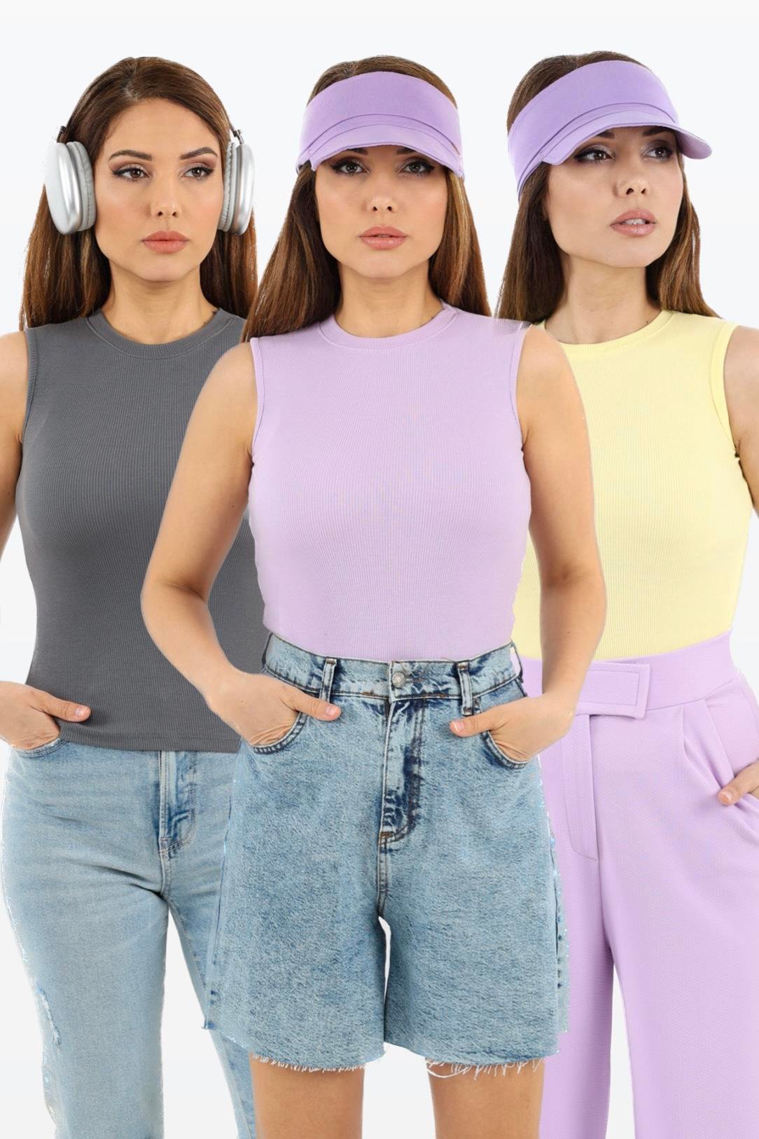 Kadın Kapalı Yaka 3’lü Pamuk Lila, Antrasit, Sarı Düz Kol Fitilli Atlet