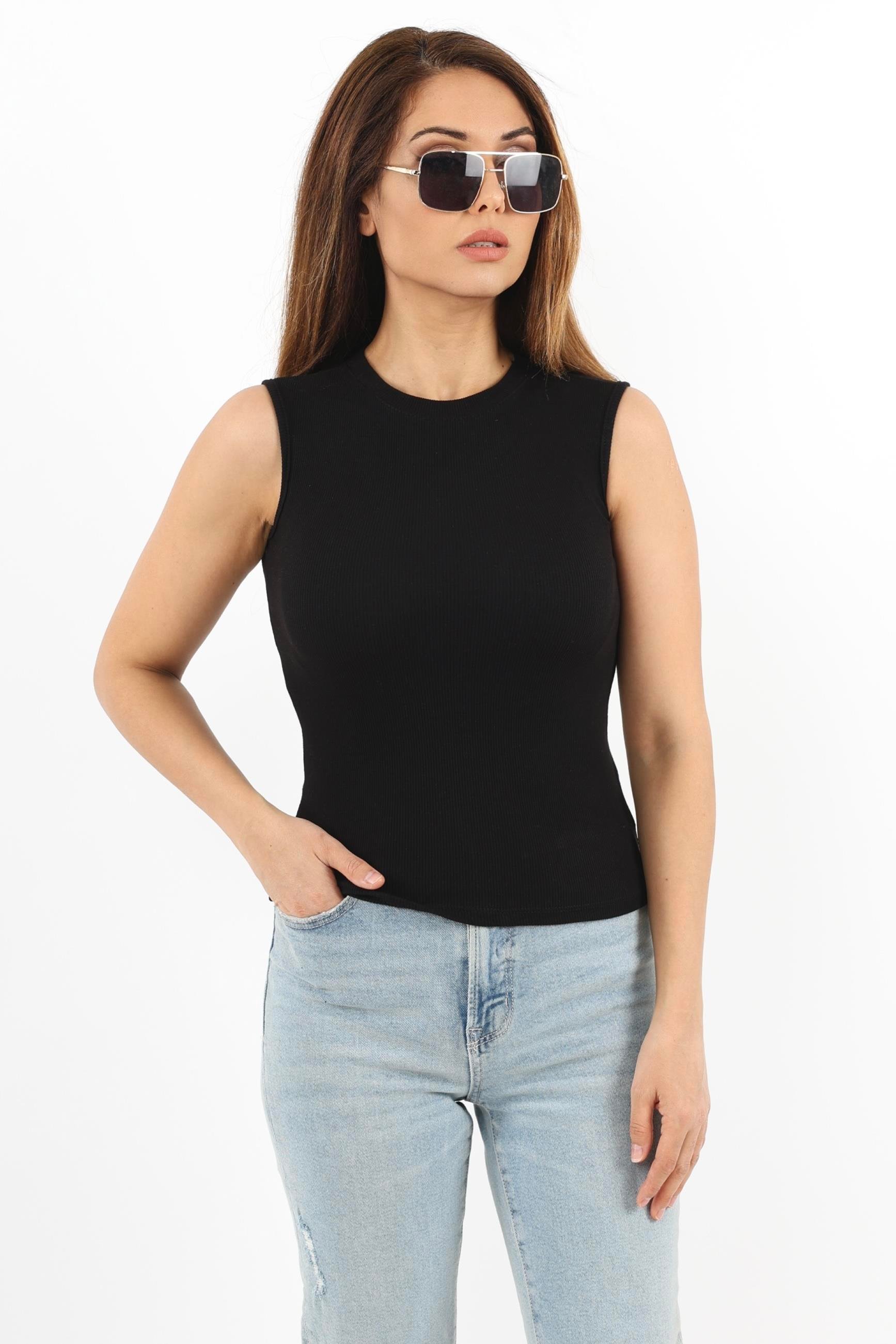 Kadın Kapalı Yaka 3’lü Pamuk Siyah Beyaz Antrasit Düz Kol Fitilli Atlet