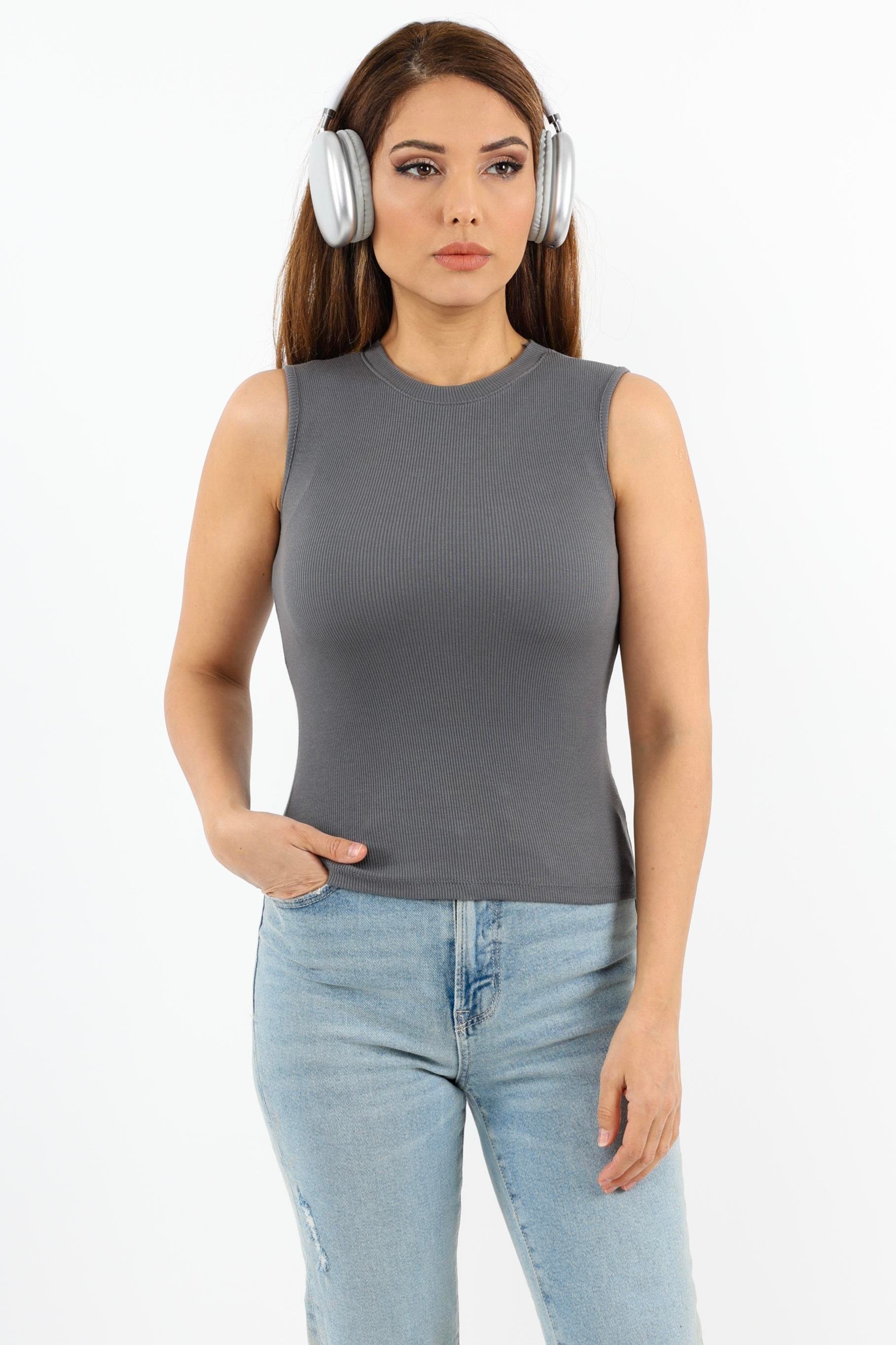 Kadın Kapalı Yaka 3’lü Pamuk Siyah Beyaz Antrasit Düz Kol Fitilli Atlet