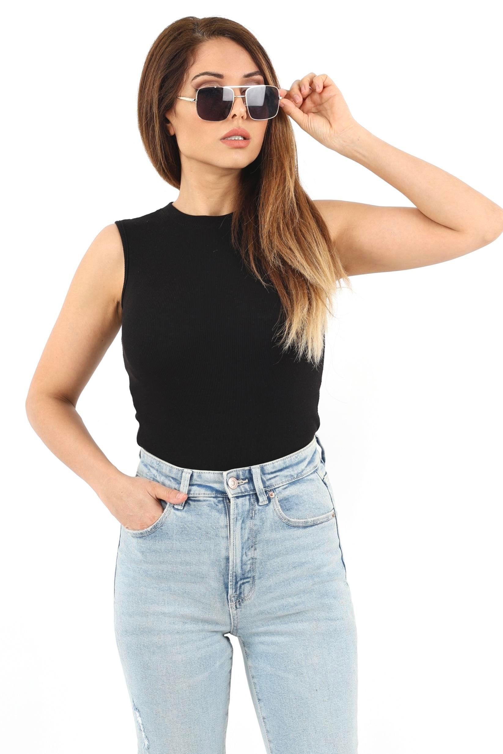 Kadın Kapalı Yaka 3’lü Pamuk Siyah Beyaz Antrasit Düz Kol Fitilli Atlet