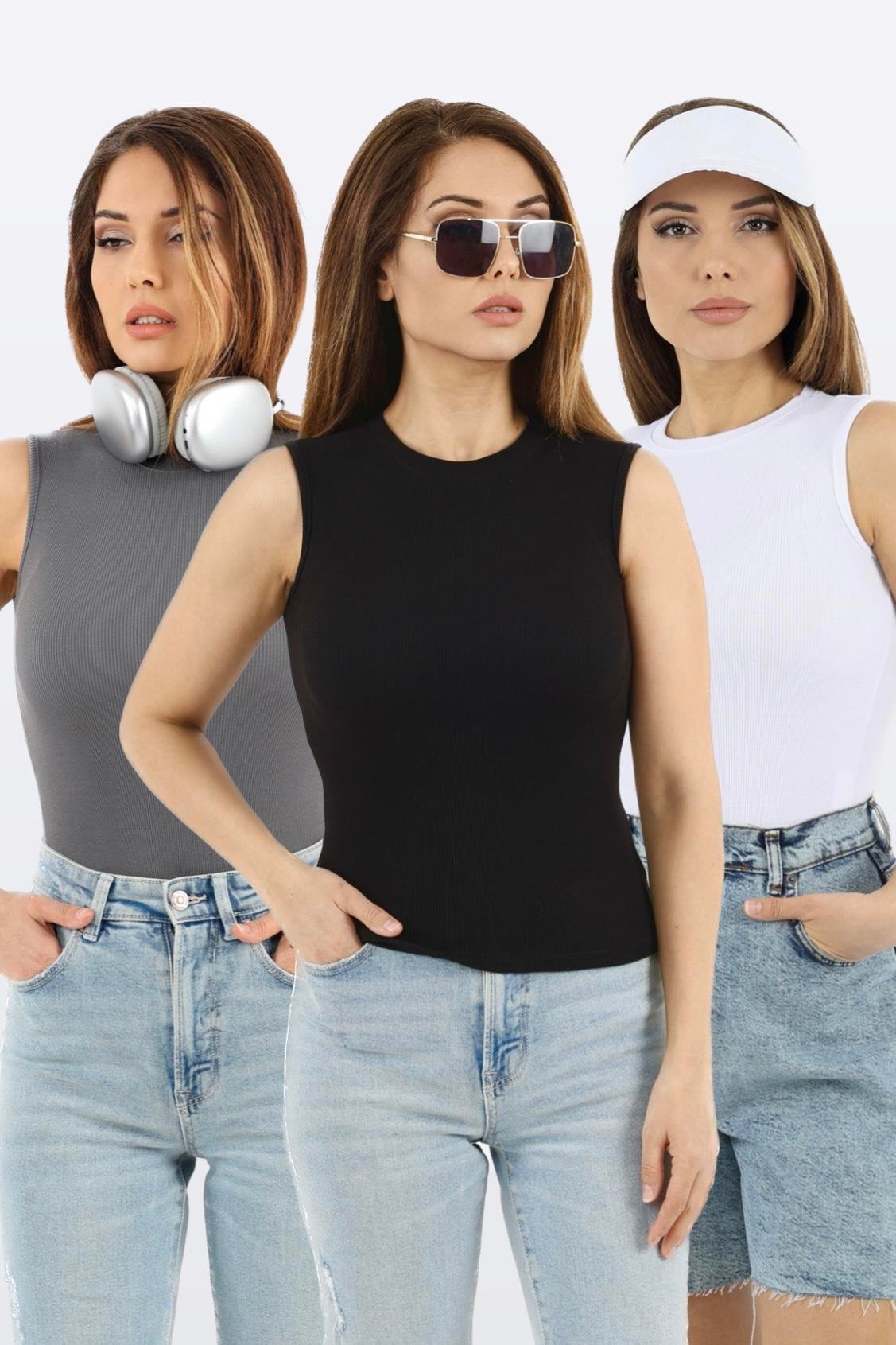 Kadın Kapalı Yaka 3’lü Pamuk Siyah Beyaz Antrasit Düz Kol Fitilli Atlet